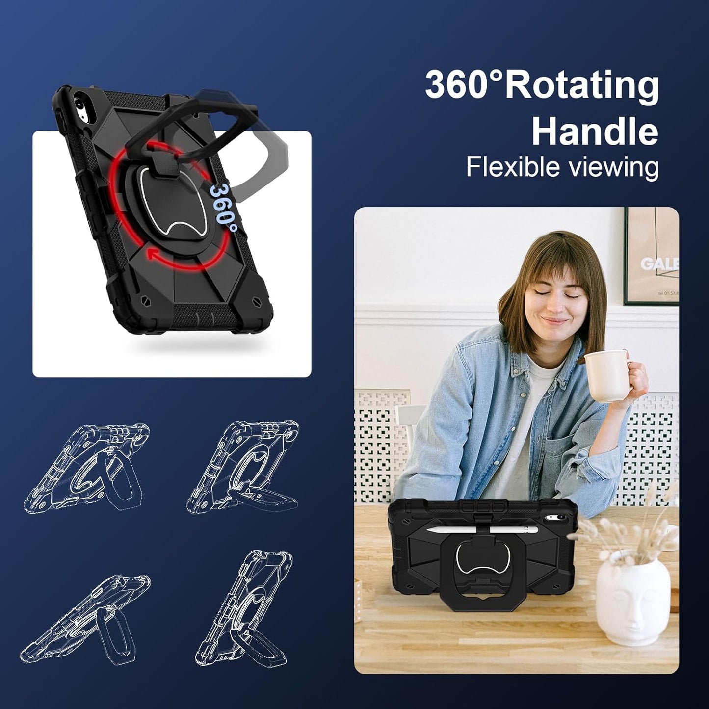 Case for iPad (A16) 11th Generation 11 Inch (2025) / iPad 10th Generation Case 10.9 Inch (2022) with 360° Rotating Stand Screen Protector Pen Holder Shoulder Strap, Black