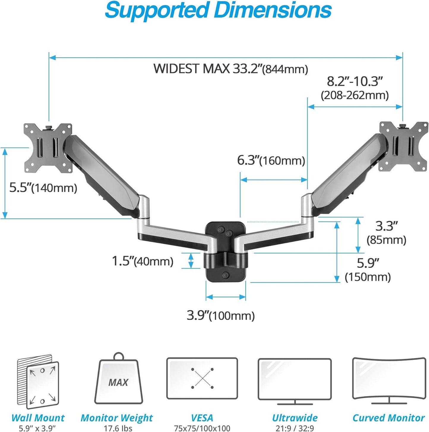 AVLT Dual Extended 13"-32" Monitor Wall Mount fits Two Flat/Curved Computer Monitor Full Motion Height Swivel Tilt Rotation Adjustable Monitor Arm - VESA/Cable Management