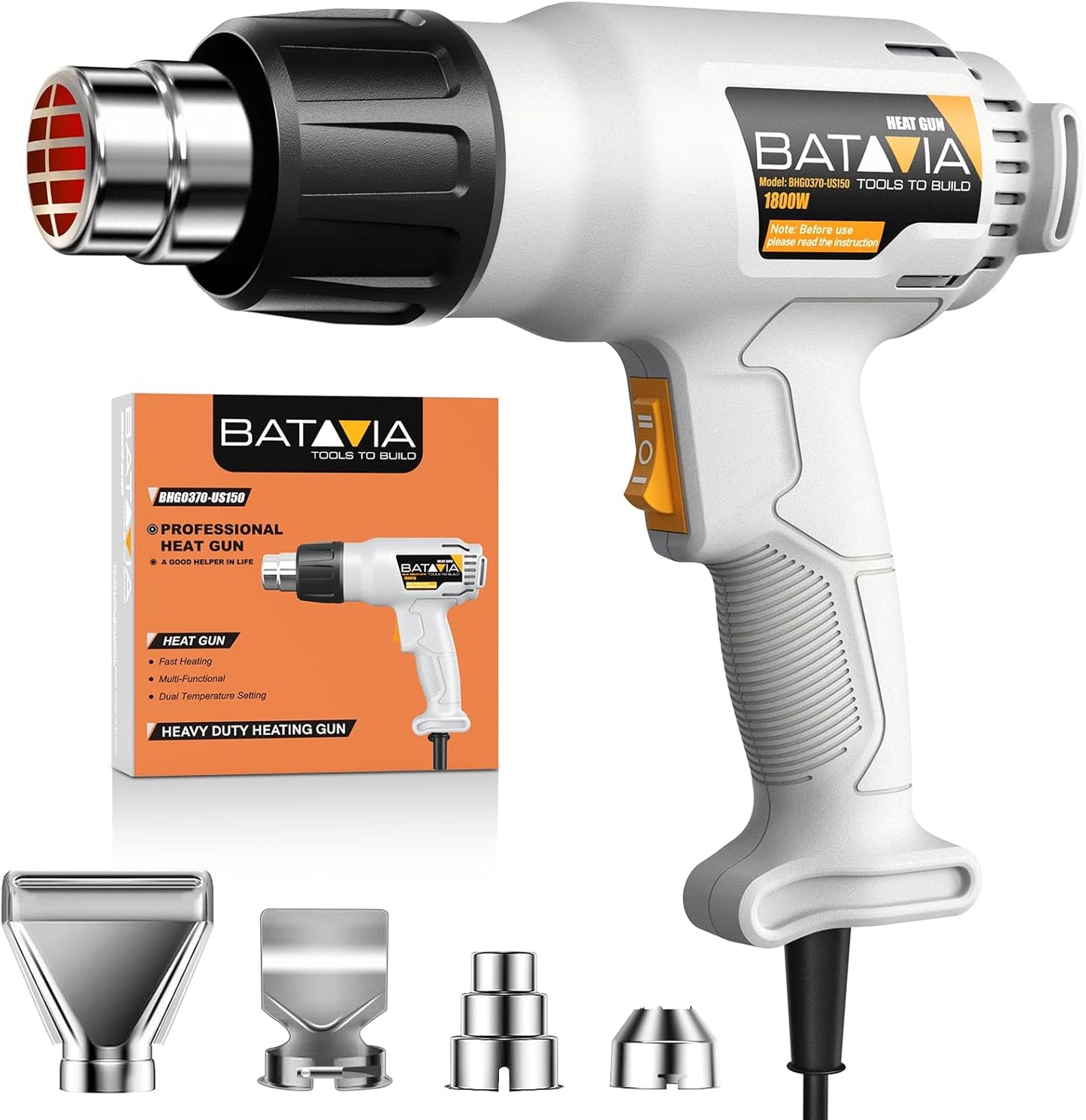 Heat Gun - BATAVIA Dual Protection Fuses 1800W Heavy Duty Fast Heat Hot Air Gun with 752℉&1112℉ Dual-Temperature Settings and 4 Nozzles with Overheat Protection for Crafts, Vinyl Wrap, Shrink Tubing
