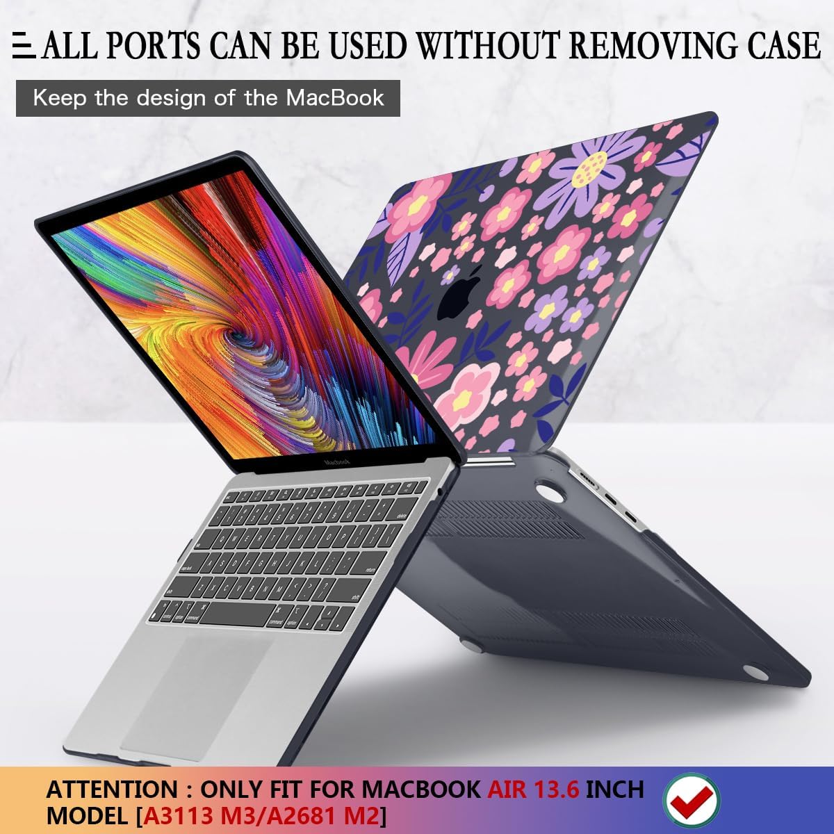 CISSOOK for MacBook Air 13 inch M4 M3 M2 Case 2025 2024 2023 2022, Hard Shell Case Keyboard Skin Screen Protector for MacBook Air 13.6 A3240 A3113 A2681, Stylized Flowers