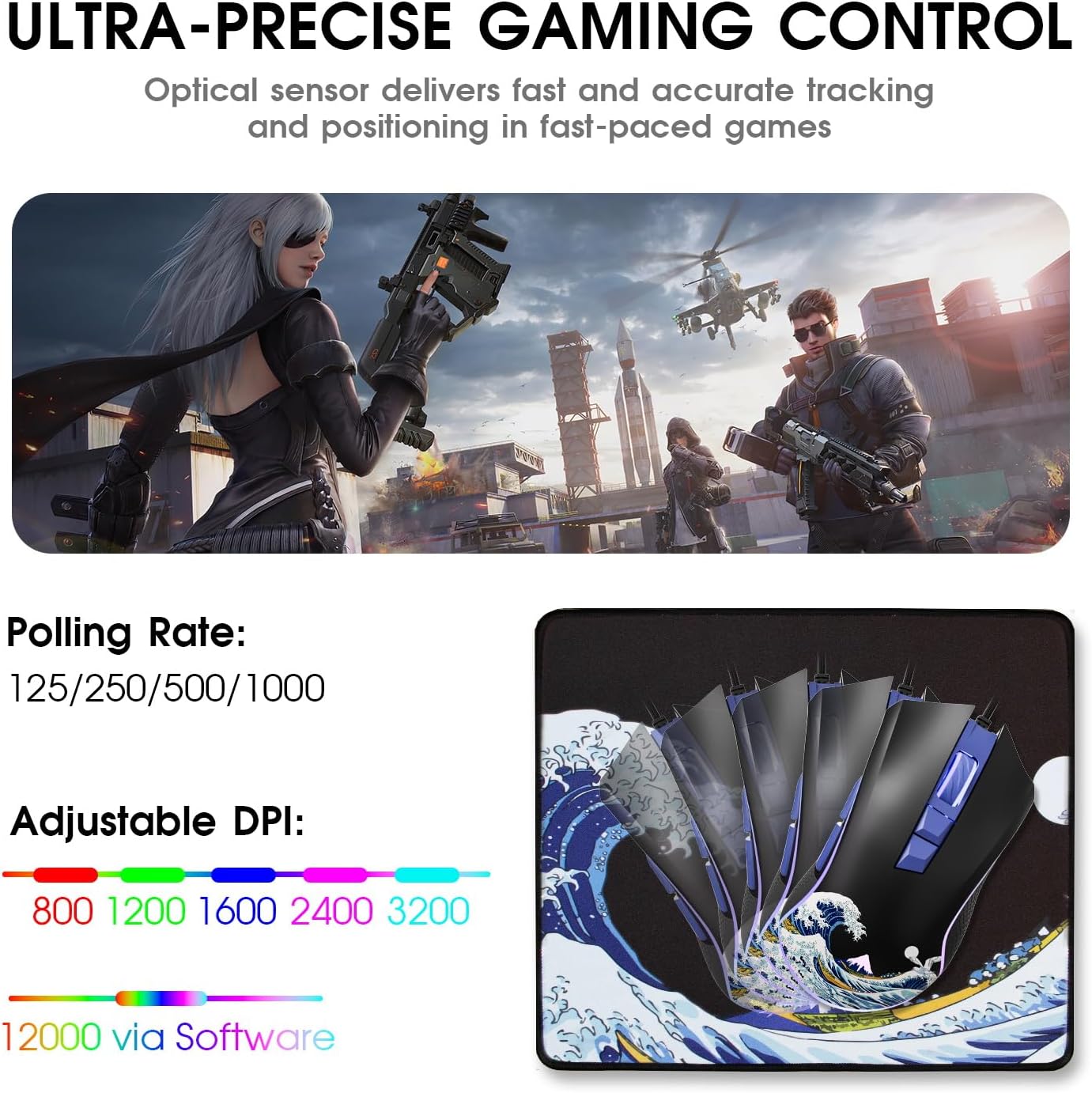 HITIME XVX Wired Gaming Mouse, 12000 DPI RGB Mouse with 12 Backlit Modes & 7 Macro Buttons, PC Gaming Mice Support DIY Keybinding, Gamer Computer Mice for Laptop PC Mac Windows, Kanagawa