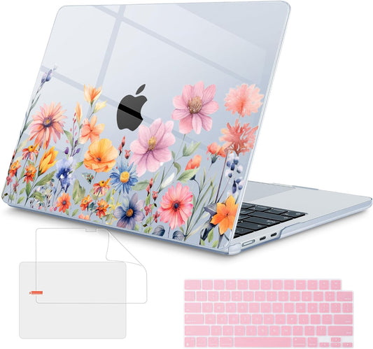 Mektron for 2025 MacBook Air 15 inch M4 Case A3241/ 2024 M3 A3114/ 2023 A2941 M2 Hard Printed Case with 15.3 Liquid Retina Display Touch ID, Plastic Hard Case & Keyboard Skin- Floral P165-Blue