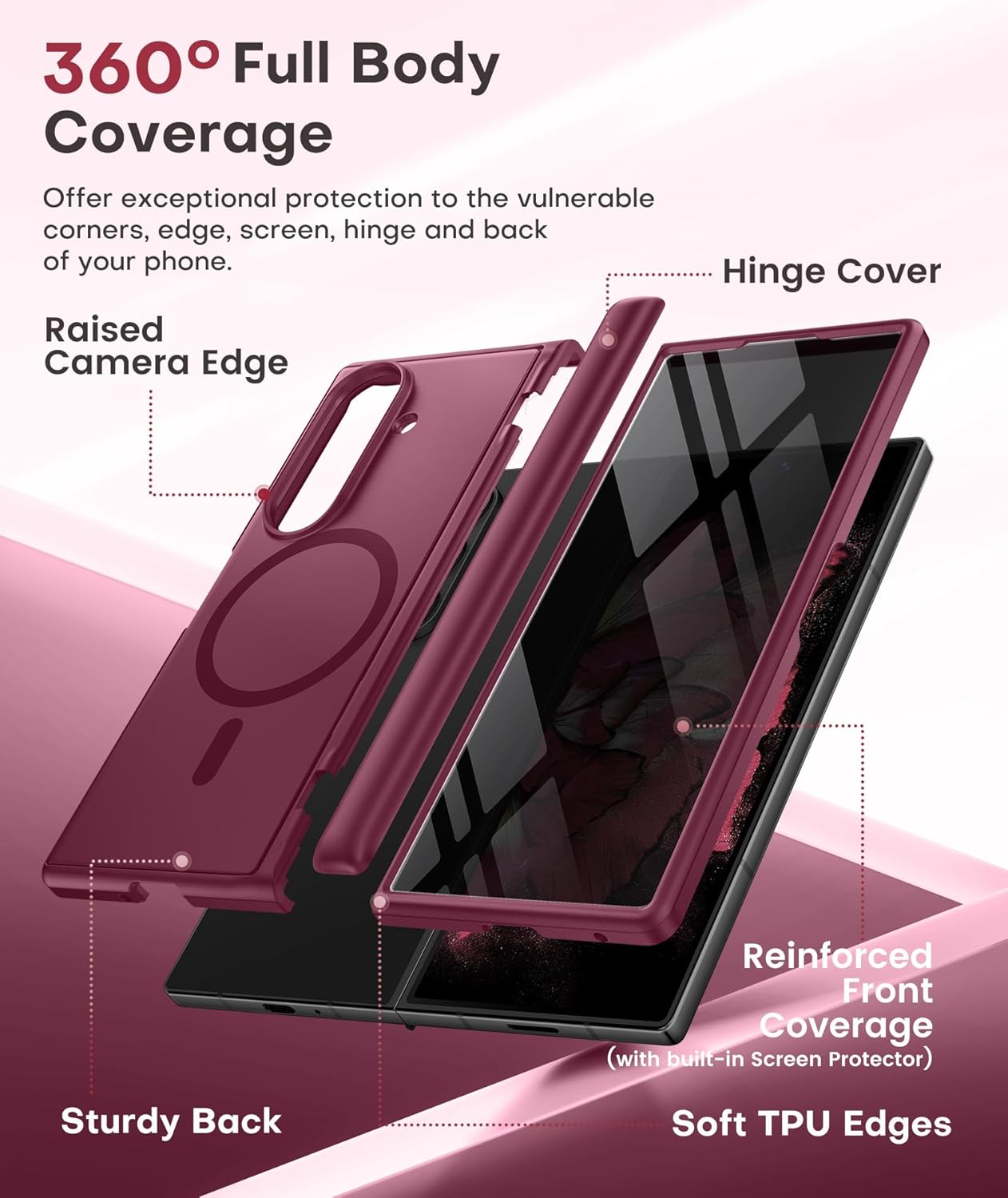 BERFY Magnetic for Samsung Galaxy Z Fold 7 Case with Privacy Screen Protector, [Compatible with MagSafe][Anti Spy] Built-in Hidden Kickstand, Full-Body Shockproof Slim Phone Case for Z Fold 7, Red