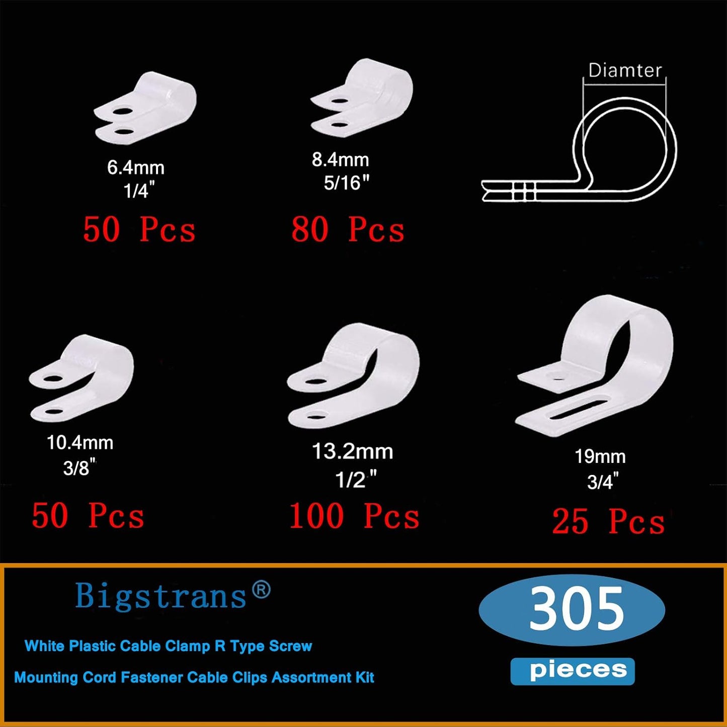 Bigtrans 305 Pcs Nylon Plastic R-Type Wire Clips 1/4" 5/16" 3/8" 1/2" 3/4" Clamps Fasteners Assortment for Cable Conduit -5 Size -White