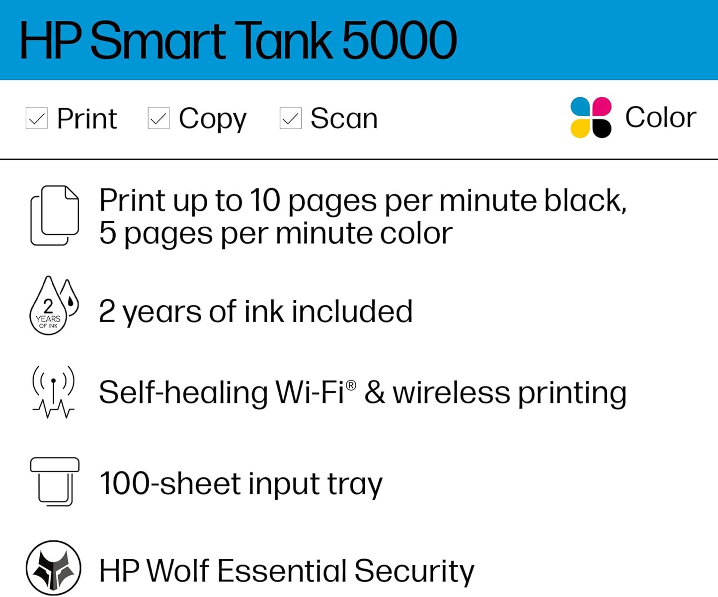 HP Smart Tank 5000 Wireless All-in-One Ink Tank Printer with up to 2 years of ink included, mobile print, scan, copy