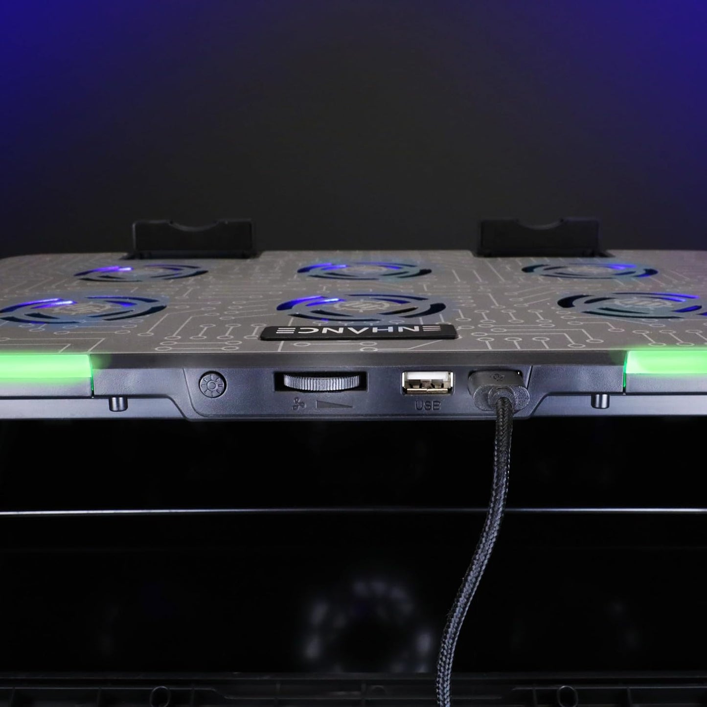 ENHANCE Gaming Voltaic 2 Laptop Cooling Stand - Laptop Cooling Pad with 6 Blue LED Fans, 7 Height Settings, RGB Lighting - Metal Top Cooler Pad with Phone Stand, 2 USB Ports for up to 17 inches