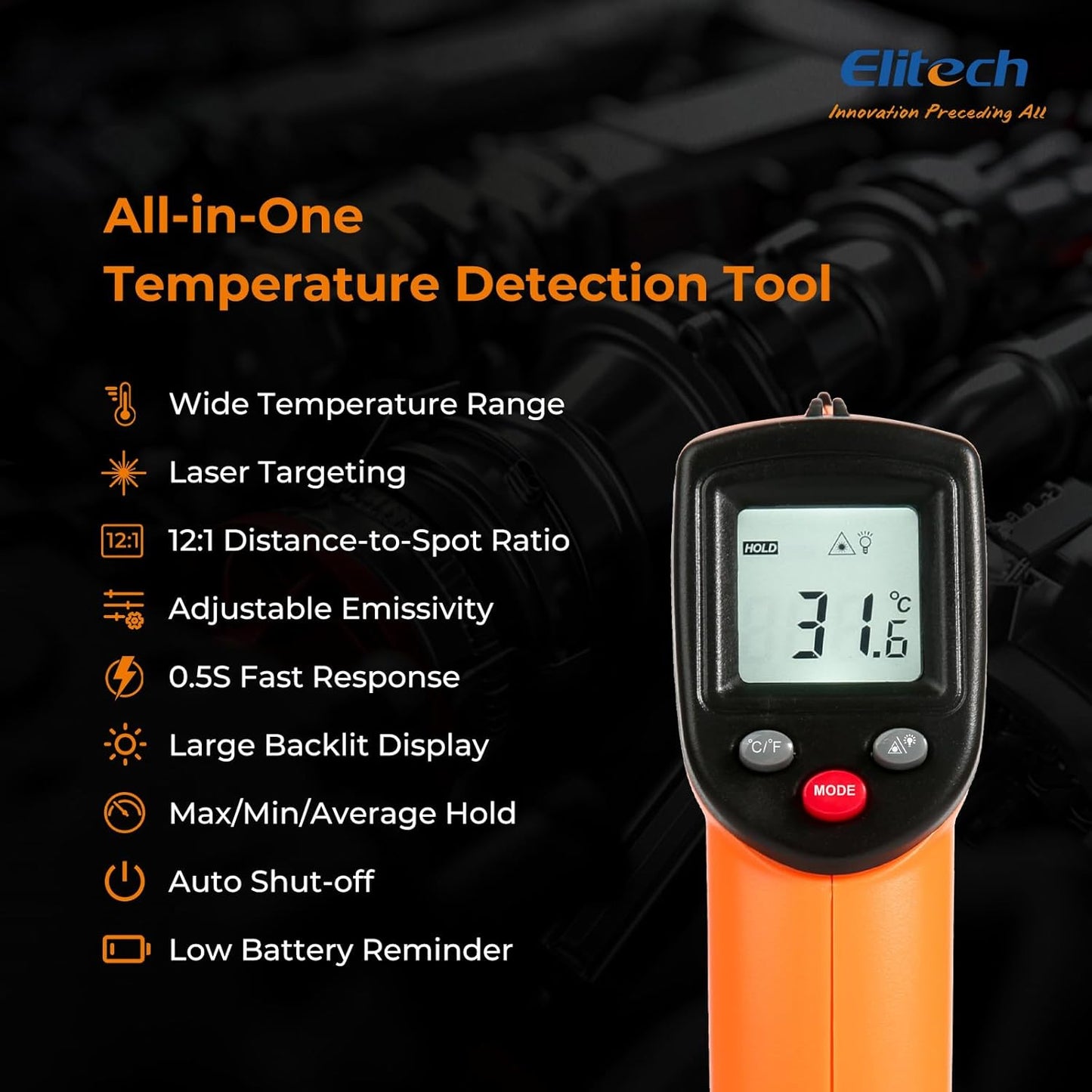 Elitech 2Pack Laser Temperature Gun, Non-Contact Digital Infrared Thermometer, Adjustable Emissivity, Backlight, Handheld for Grill, Meat, Candy, Automotive, HVAC Tools, -50~530°C(-58~986°F), DIT-220