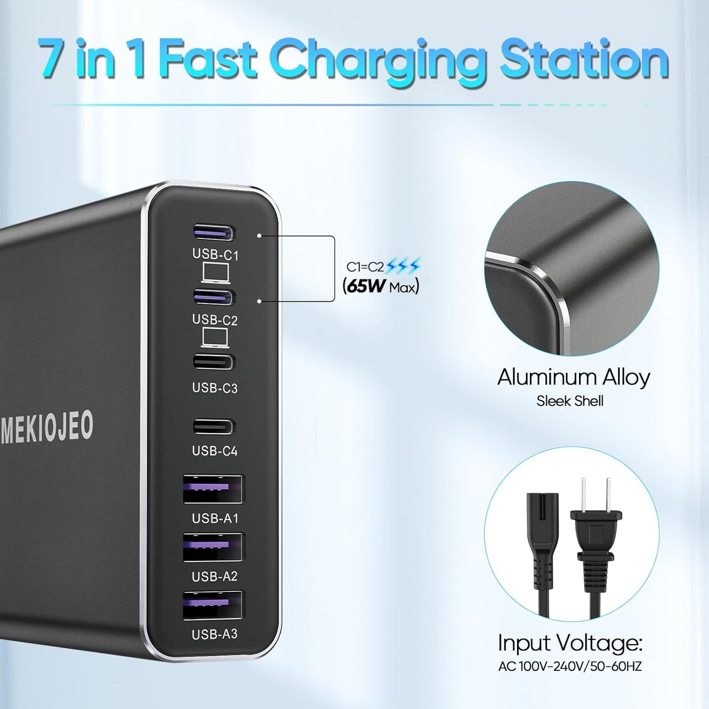 Aluminum Alloy 220W USB C Charger 7 Port Fast Charging Station,65W USB C Laptop Charger Compatible with MacBook Pro/Air (Black)