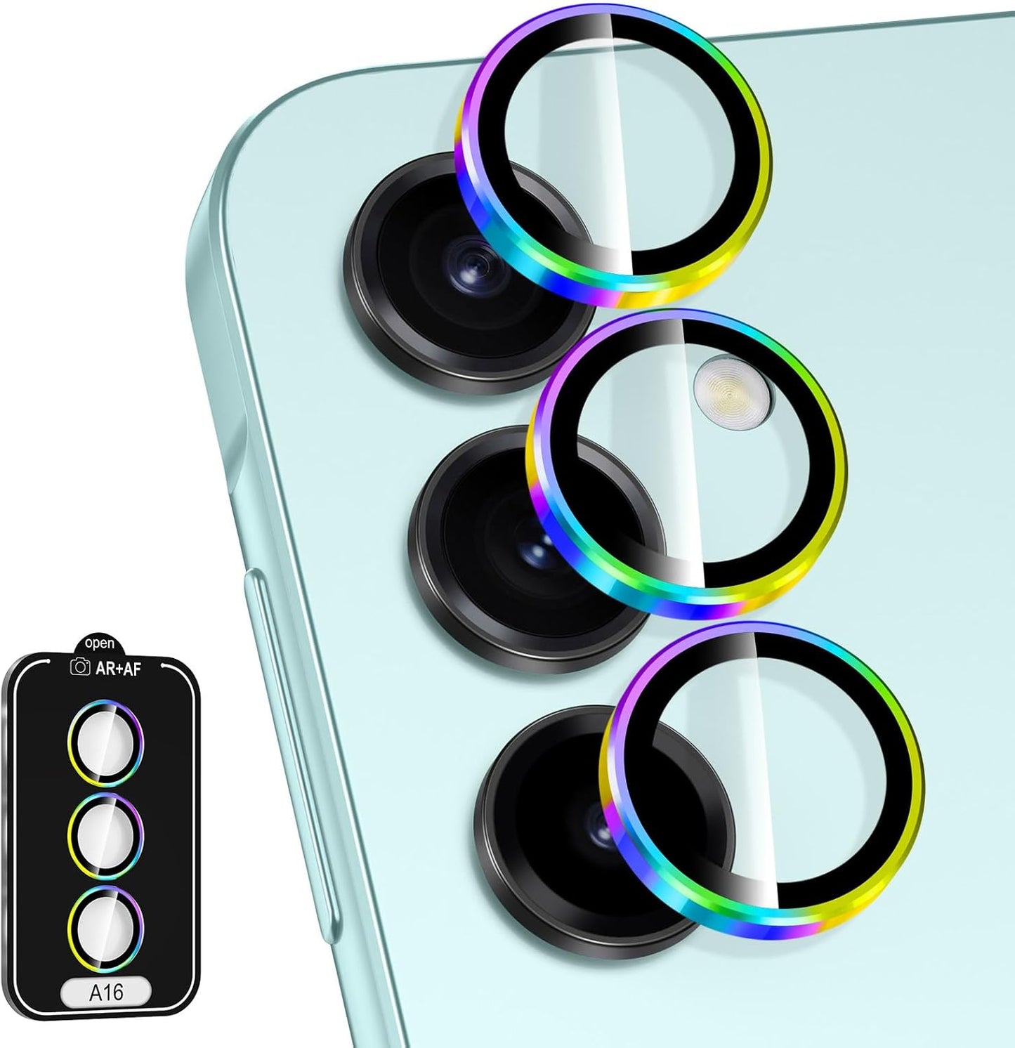 for Samsung Galaxy A16 Camera Lens Protector, Individual Metal Ring Tempered Glass Lens Cover, [Strong Adsorption] Scratch Resistant Ultra-Thin HD Clear Lens Cover, 1 Set-Colorful Ring