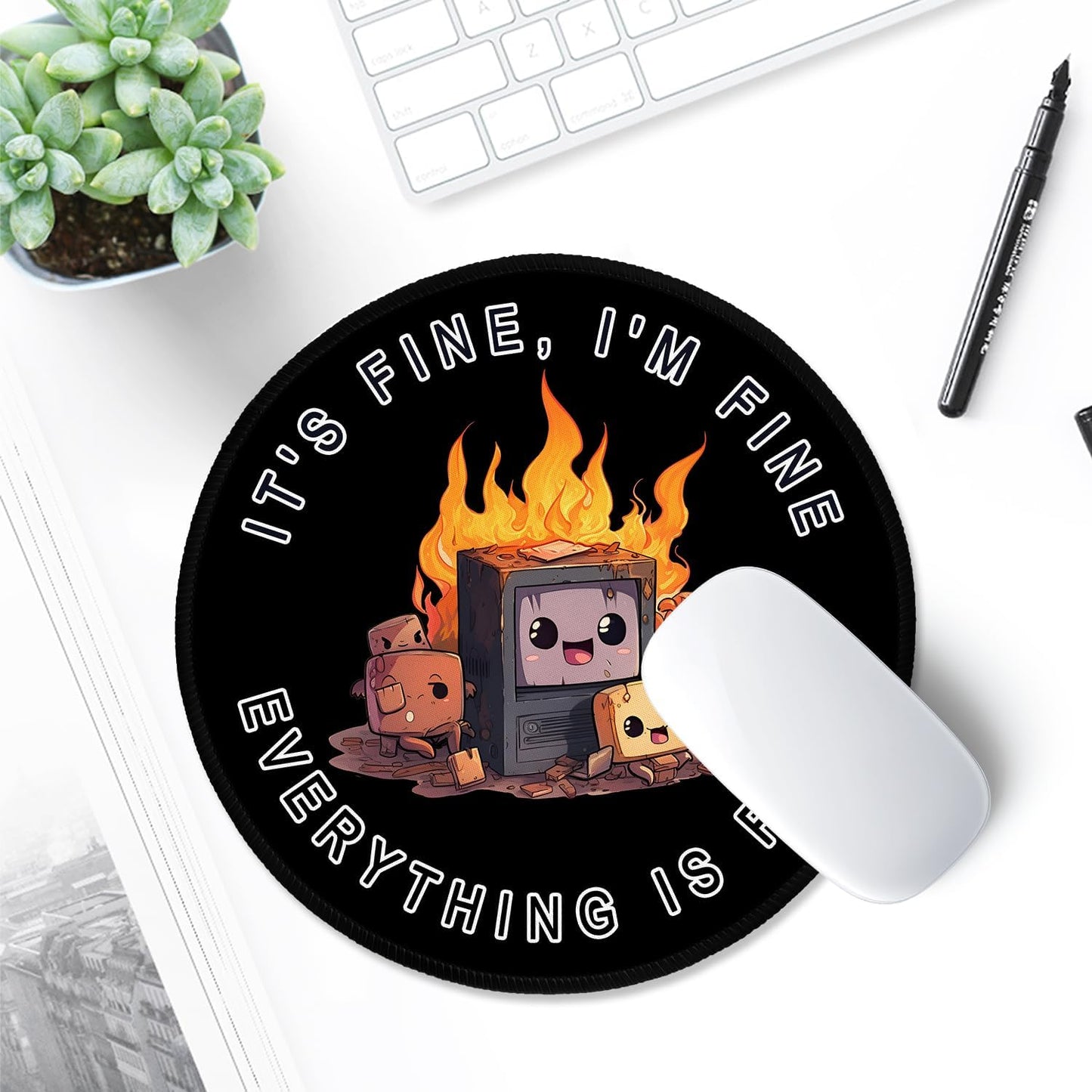 ITNRSIIET Round Mouse Pad with Stitched Edge Premium-Textured Waterproof Non-Slip Rubber Base Desktop Protection Mat Diameter 8.7 inches, Funny Burning Box