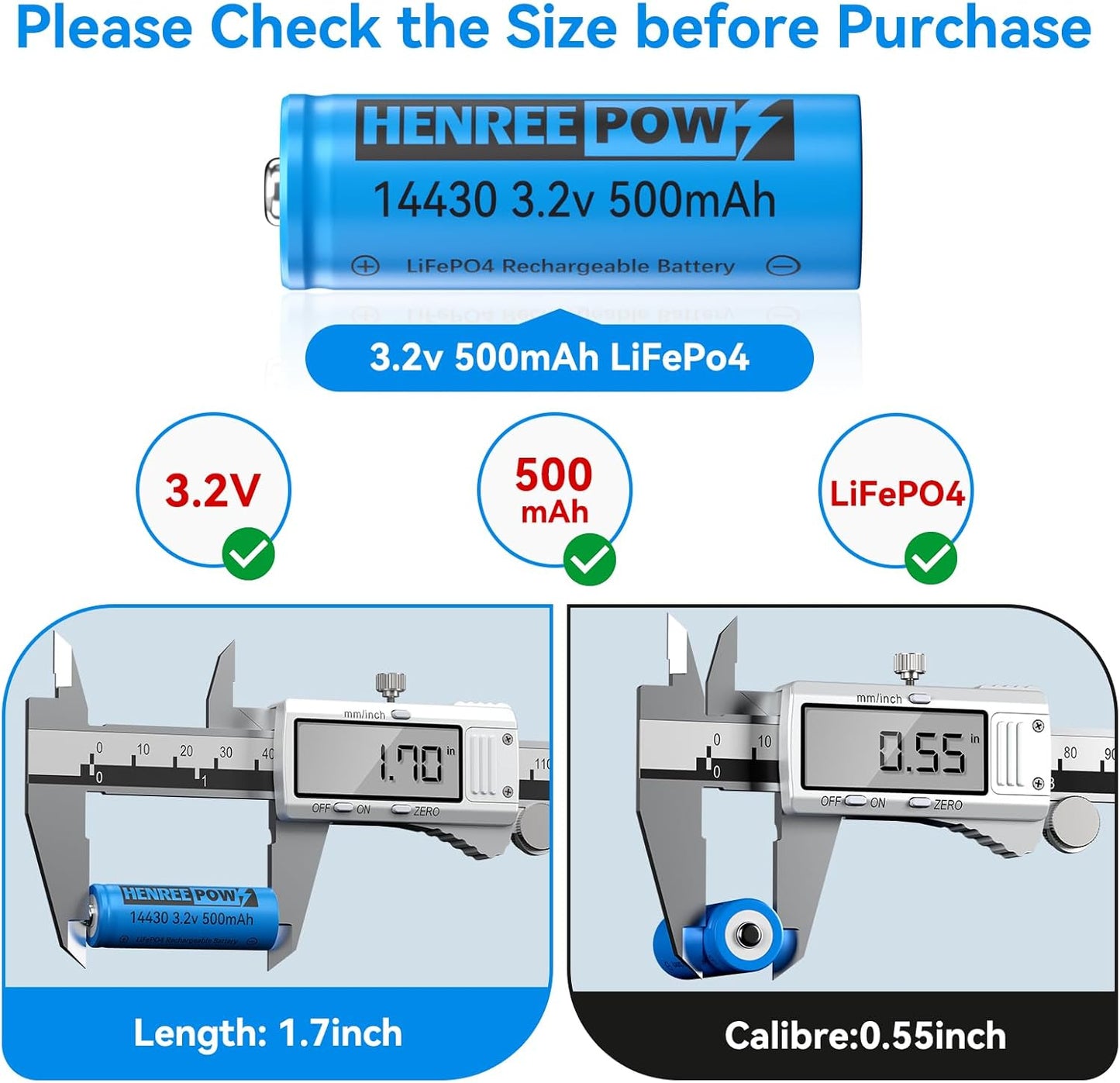 Henreepow LiFePo4 Battery 14430, 3.2v Rechargeable Solar Batteries, 500mAh LiFePo4 Battery for Outdoor Solar Garden Lights, Shaver, Flashlight, Toothbrush (6pack-Not AA Size)