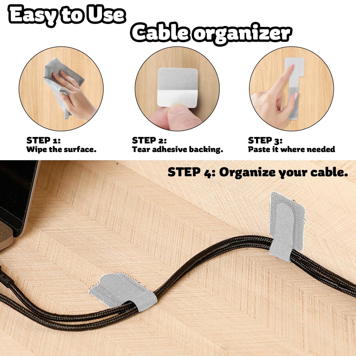 40 PCS Hook and Loop Cable Ties, Self-Adhesive Hook and Loop Cable Straps, Sticky-Back Wire Organizer for Under Desk Cable Management, Adjustable Cable Straps Clips for Home Office(White, Gray)