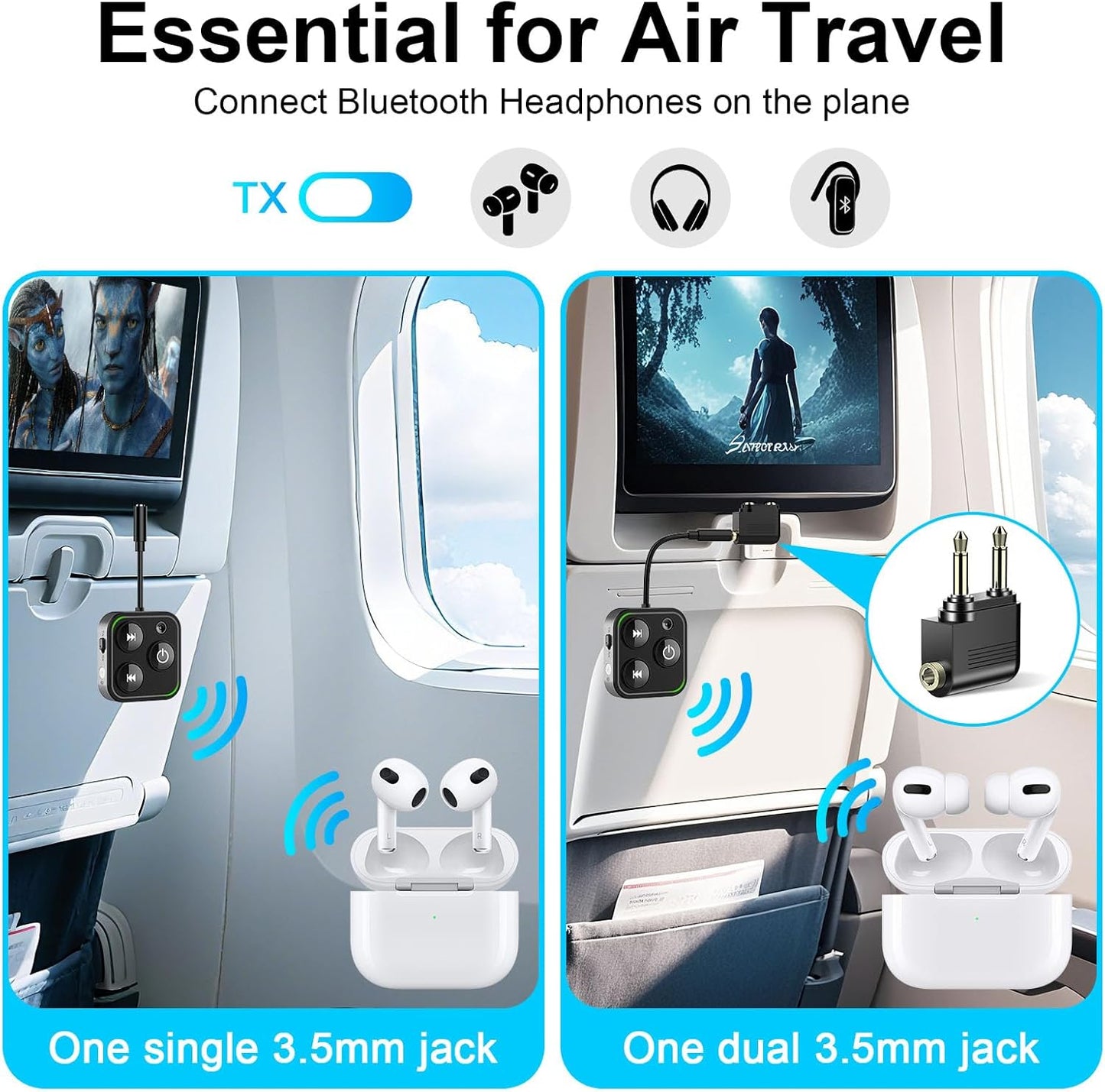 2025 Pro Bluetooth 5.4 Transmitter Receiver, 2-in-1 Wireless Audio Adapter for Airplane/TV/PC/Gym - Dual Link Headphone, Low Latency, Battery Display, Built-in Mic, 30H Playtime, Aviation Metal Frame