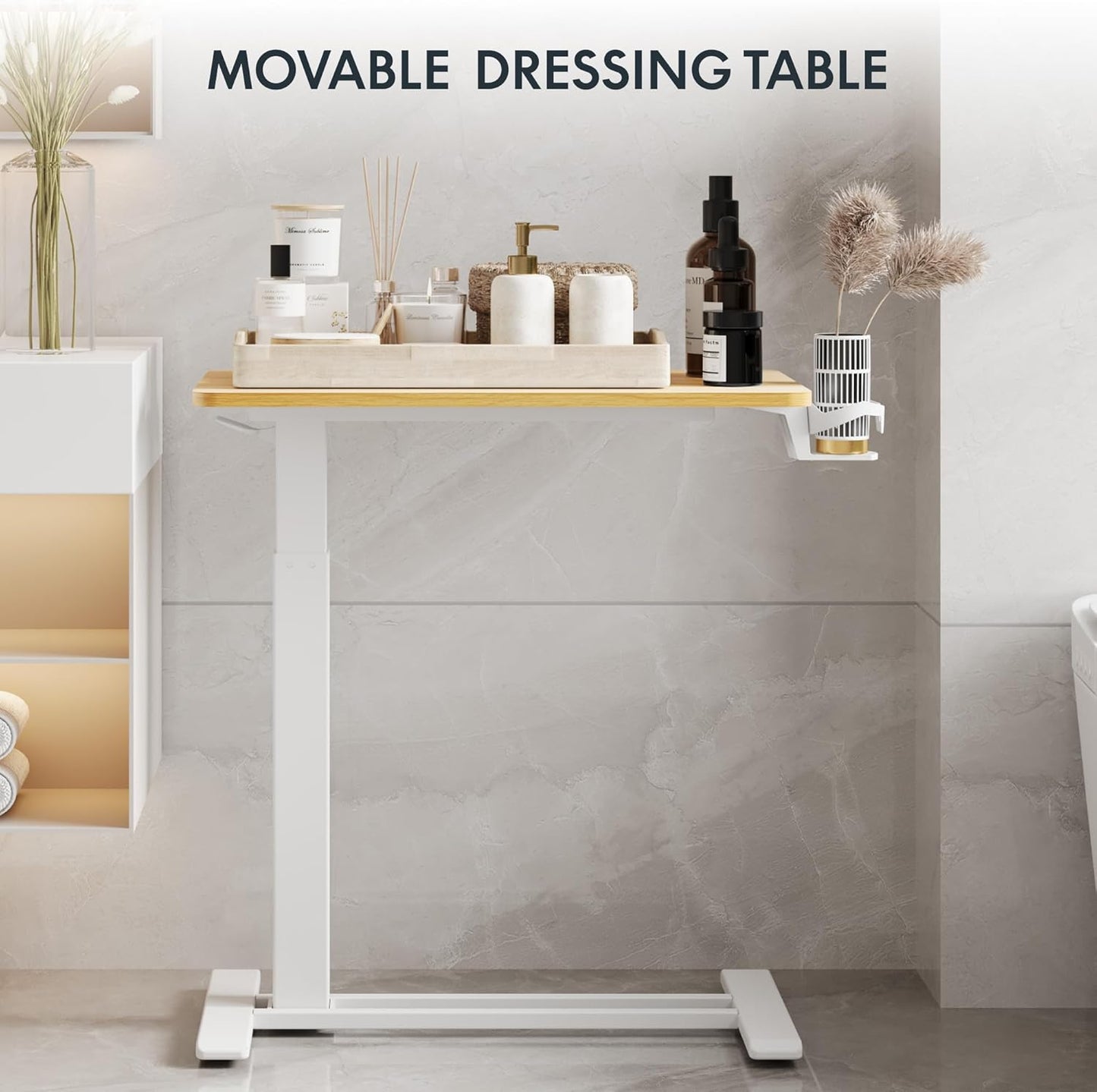 FLEXISPOT H7 Adjustable Overbed Bedside Table with Wheels Pneumatic Mobile Standing Desk Laptop Desk Rolling Computer Cart Movable Overbed Table Hospital Home Use(27.6" W x 15.7" D, Maple Table)