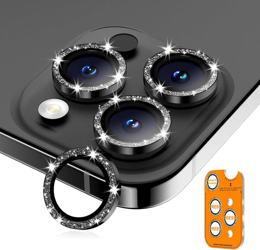 Camera Lens Protector for iPhone 16 Pro Max/16 Pro/15 Pro Max/15 Pro/14 Pro Max/14 Pro, Sapphire Glass Metal Individual Camera Cover Screen, Anti-drop, Case Friendly- Glitter Black Titanium