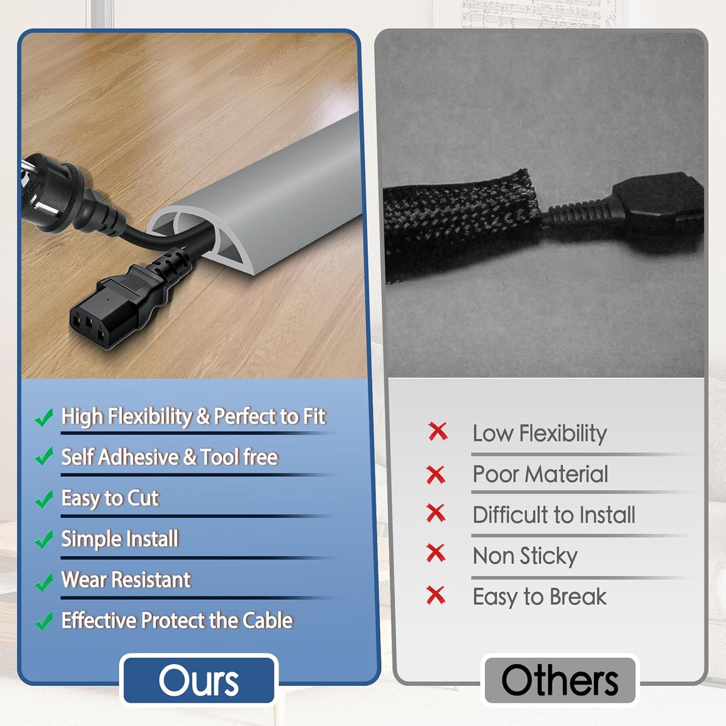 Floor Cord Cover for Wires on Floor Self Adhesive Cord Hider Floor Cable Management Wire Covers for Cords Protector Prevent Cable Trips Cord Cavity W 0.47" x H 0.27", Gray, 20Ft