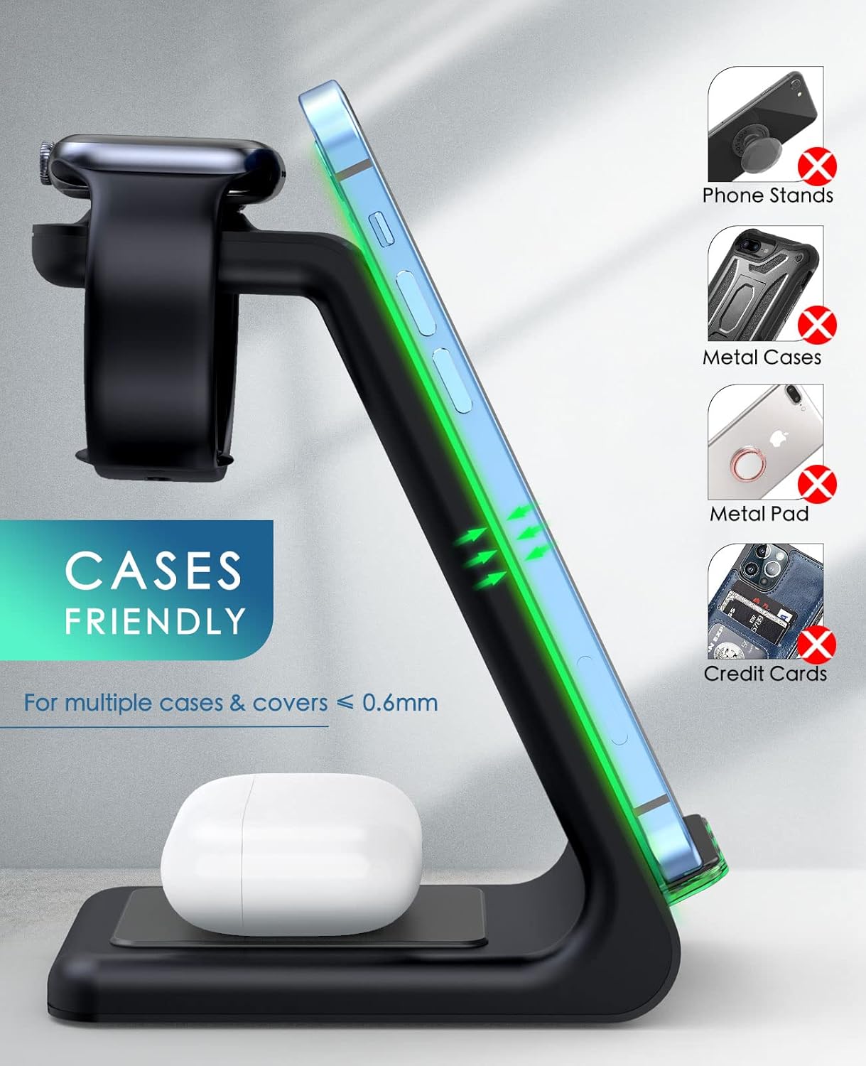 3 in 1 Wireless Charging Station, 2025 Upgraded Fast Desk Charger Station for iPhone 16 15 14 13 12 Pro Max Plus, Charger Stand for Apple Watch 10 9 8 7 6 5 4 3 2 SE, Airpods 4 3 2 Pro(Black)