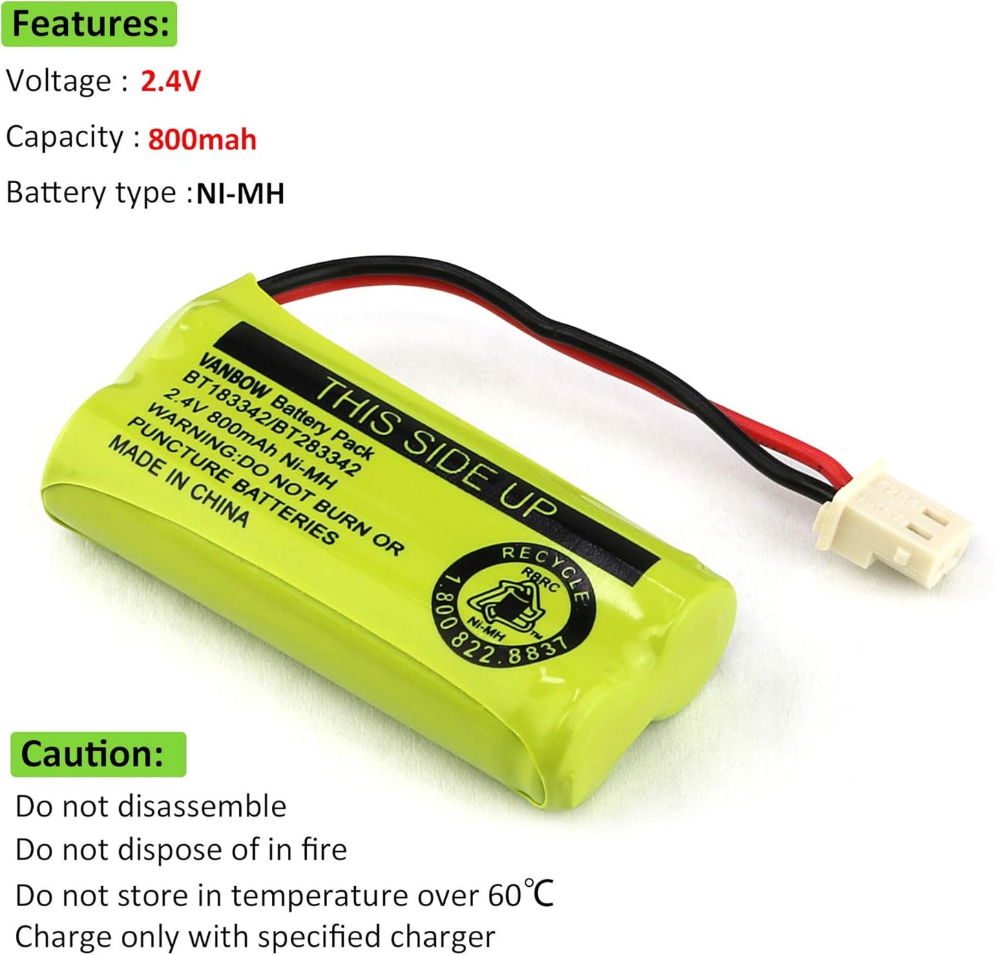 BT183342/BT283342 2.4V 800mAh Ni-MH Battery Compatible with AT&T VTech Cordless Phone Batteries BT166342/BT266342 BT162342/BT262342 CS6709 CS6609 CS6509 CS6409 EL52100 EL50003 (Pack 8)