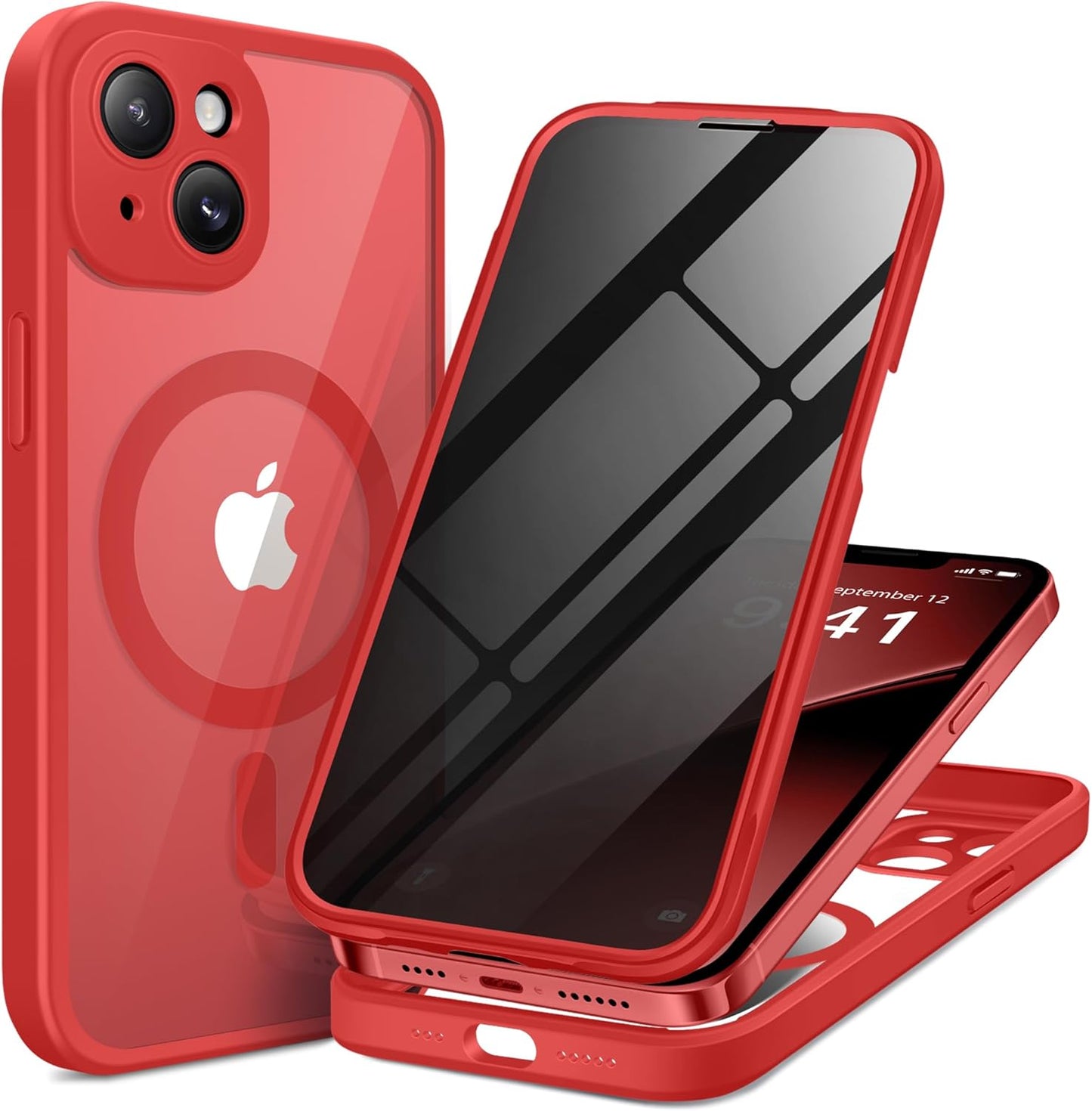 BERFY Magnetic for iPhone 14 Case, Compatible with MagSafe, Built-in Privacy Screen Protector and Upgraded Camera Protection, Anti-Spy Full Body Shockproof Phone Case for 14 6.1", Red