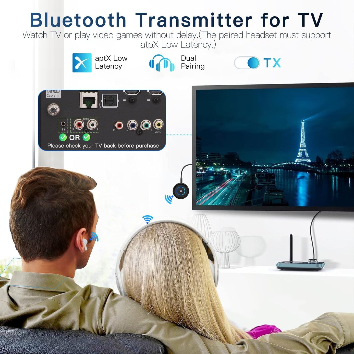 Bluetooth 5.3 Transmitter for TV/Airplane, 2-in-1 Bluetooth Transmitter Receiver for Home Stereo/Speakers/Headphones/PC/Car, Wireless Adapter w/3.5mm AUX/RCA Jack, Dual Link, Low Latency,16H