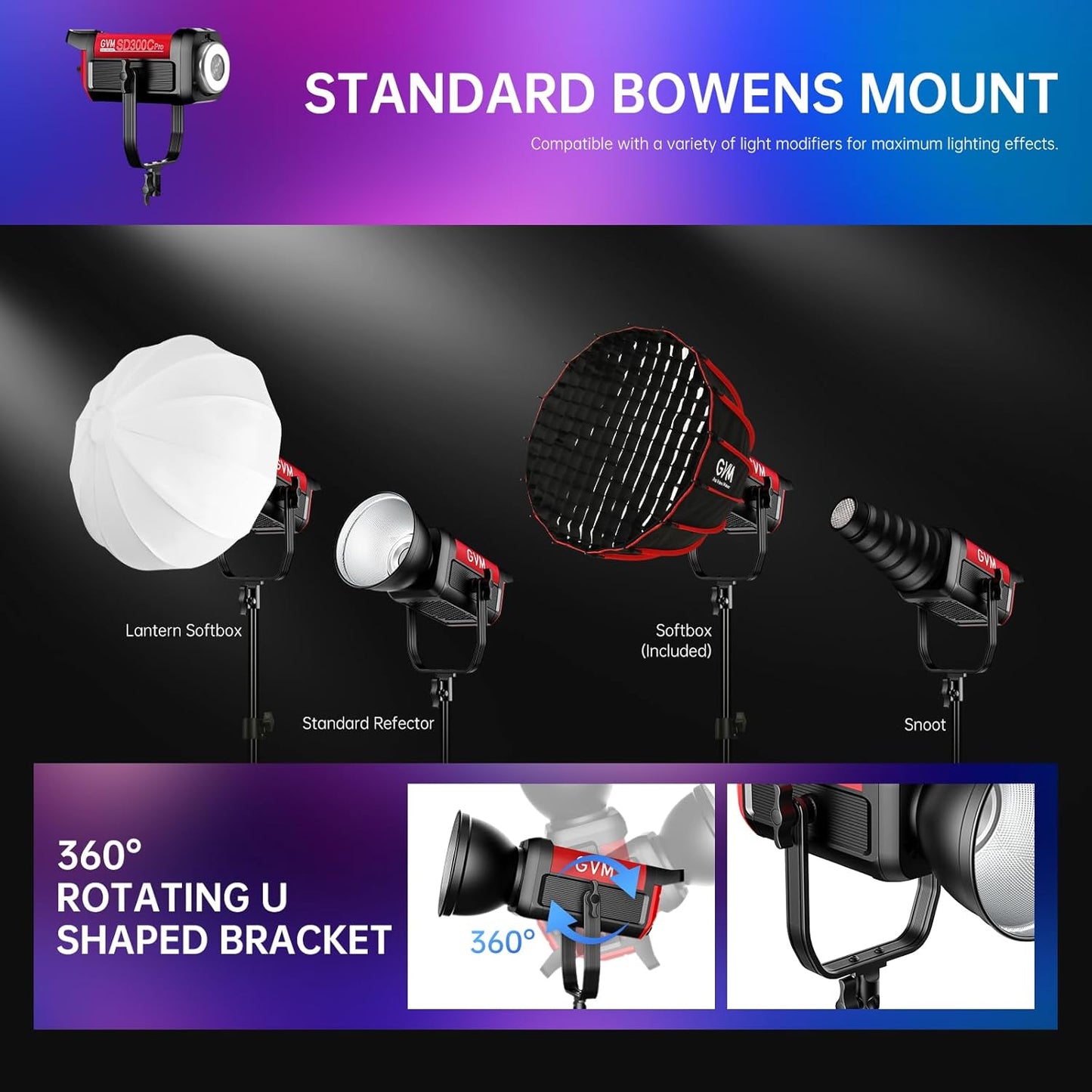 GVM 300W Photo Lighting RGB Video Light with Bowens Holder Lantern Softbox and Stand CRI 97+ CCT 2000K~10000K 6 Lighting Scenarios Application Program Controlled Studio Photo Lights