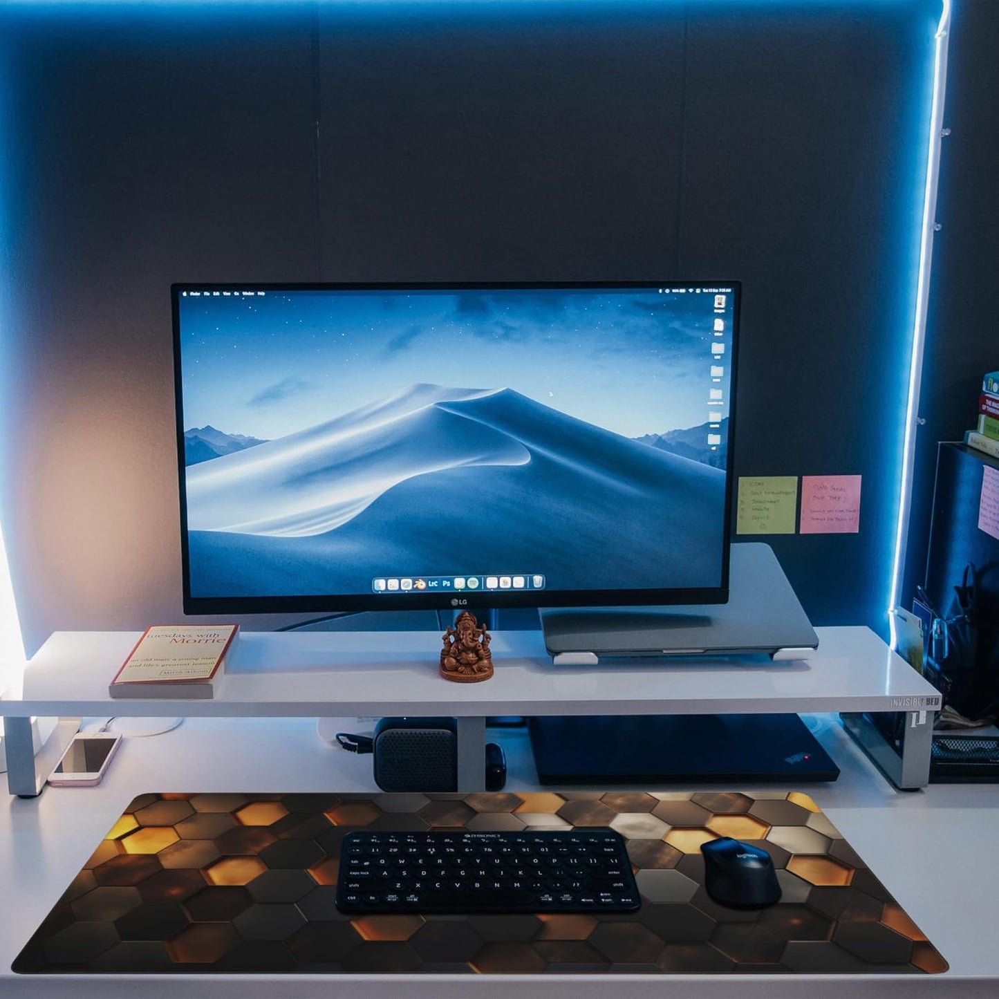 Desk Mat - Golden Honeycomb Technology Large Gaming Mouse Pad With Non-Slip Base and Stitched Edge, Extended Big Computer Keyboard Pad, 35.4"x15.7"