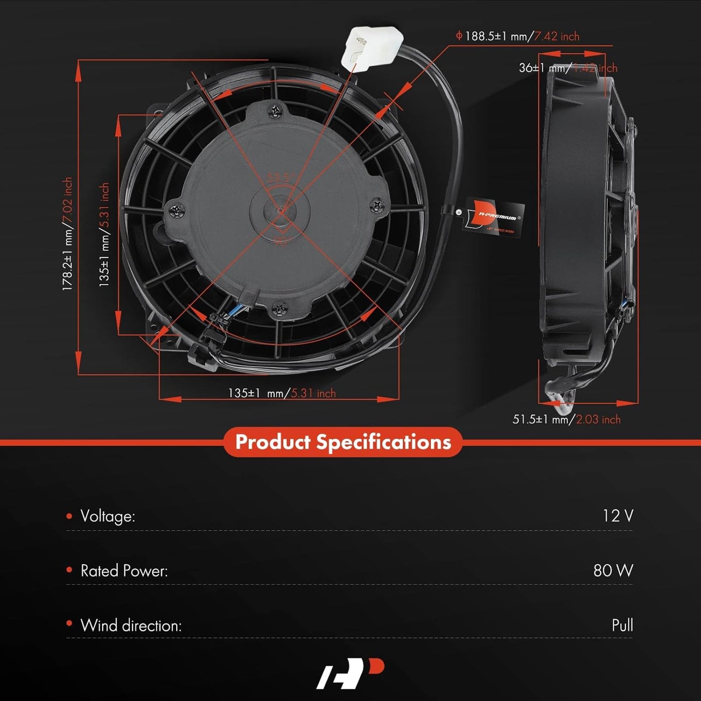 A-Premium 6.5'' 6.5 inch Slim Fan Pull Universal Electric Radiator Cooling Fan Assembly, 12V 80W with Mount Kit