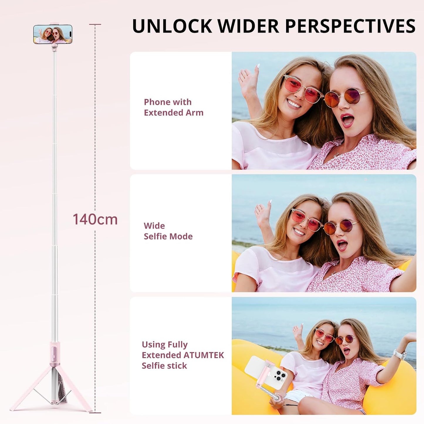 ATUMTEK 55" Selfie Stick Tripod, All-in-one Extendable Aluminum Phone Tripod with Rechargeable Bluetooth Remote for iPhone and More, Fitting 4.7-7 inch Smartphones, Pink