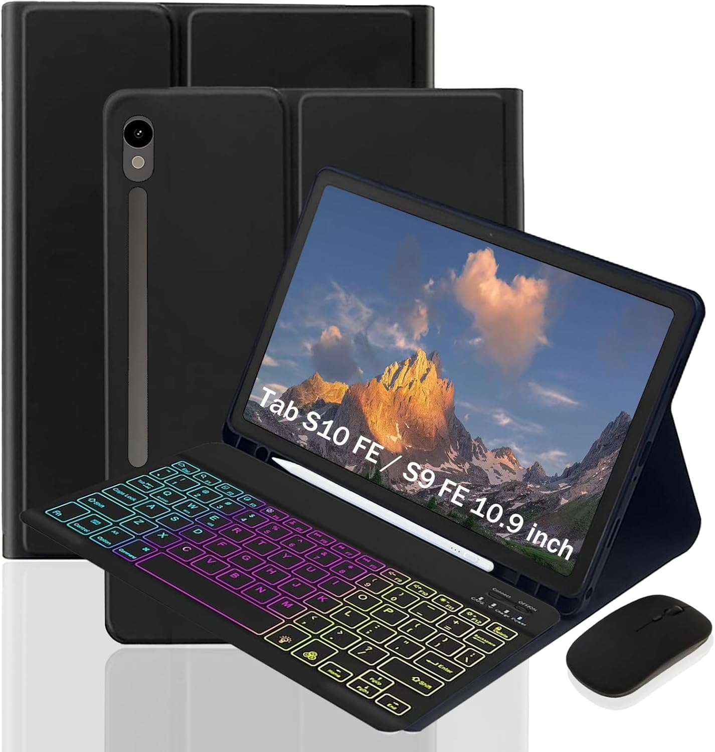 Keyboard Case for Samsung Galaxy Tab S10 FE / S9 FE 10.9 inch/Tab S9 / S8 / S7 11 inch - with 3 Color Backlit Mouse Detachable Keyboard Case
