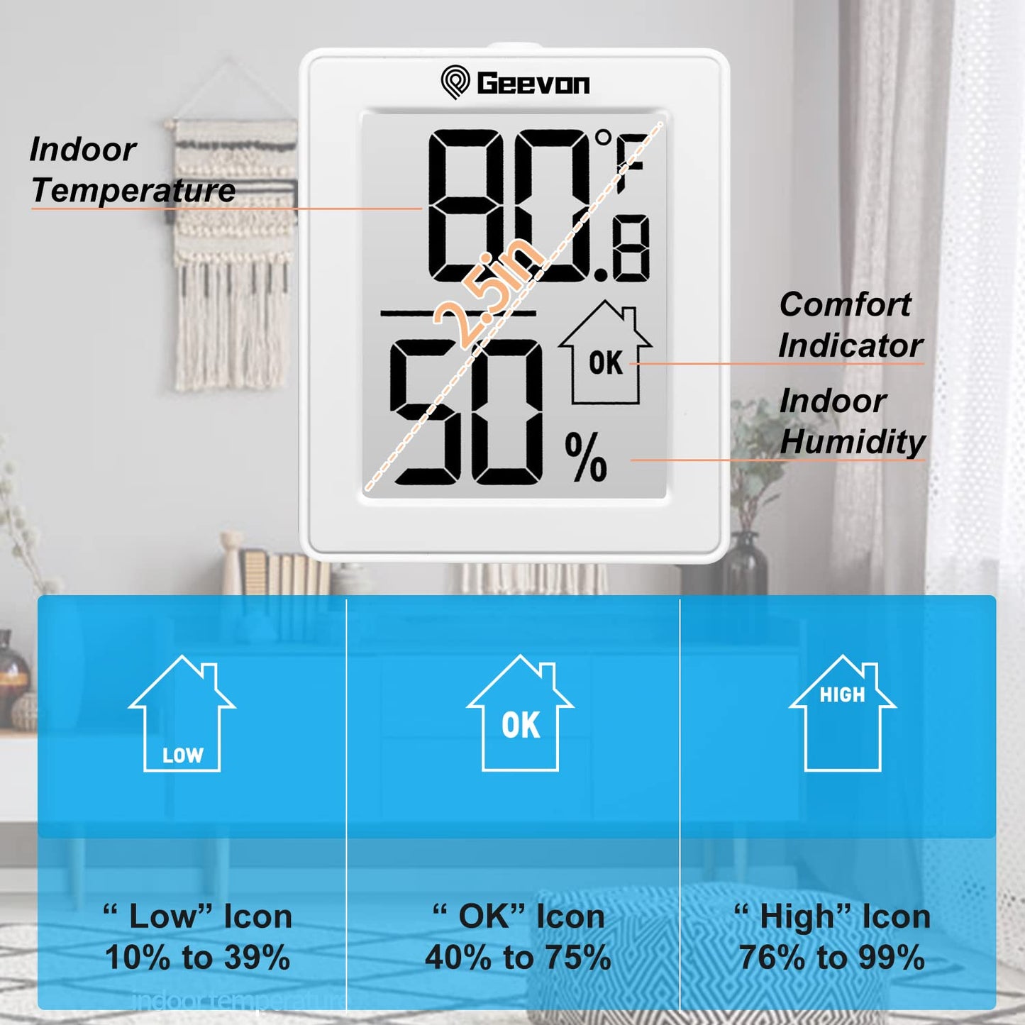 Geevon Indoor Thermometer Room Temperature Monitor,3 Pack Temperature Humidity Gauge Thermometer Hygrometer with Battery for Home, Office, Greenhouse, White