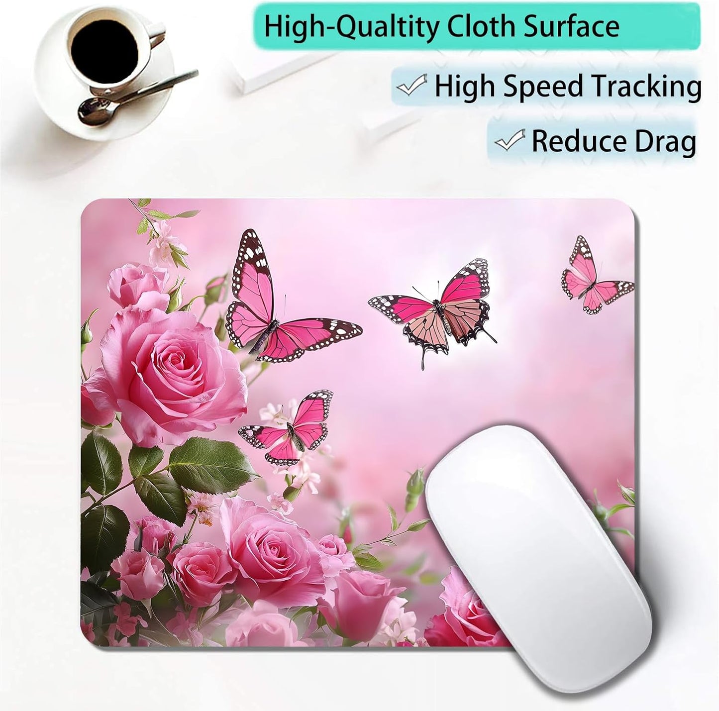 Cute Butterfly Pink Rose Flower Custom Mouse Pad with Non-Slip Rubber, Small Square Design for Wireless Laptop & Computer Mouse Pads for Desk, 9.5 x 7.9 inch Smooth Surface for Gaming & Office