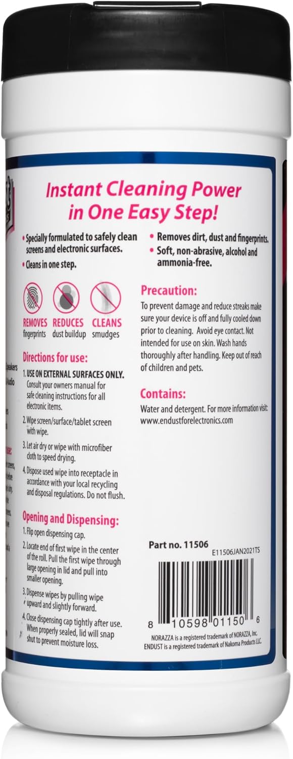 Endust For Electronics; Screen & Surface Cleaning Wipes, For TV, Phone, Computer Monitor, Laptop, Tablet, Pre-Moistened, Alcohol and Ammonia Free, 70 Count, 6 Pack (11506P6)