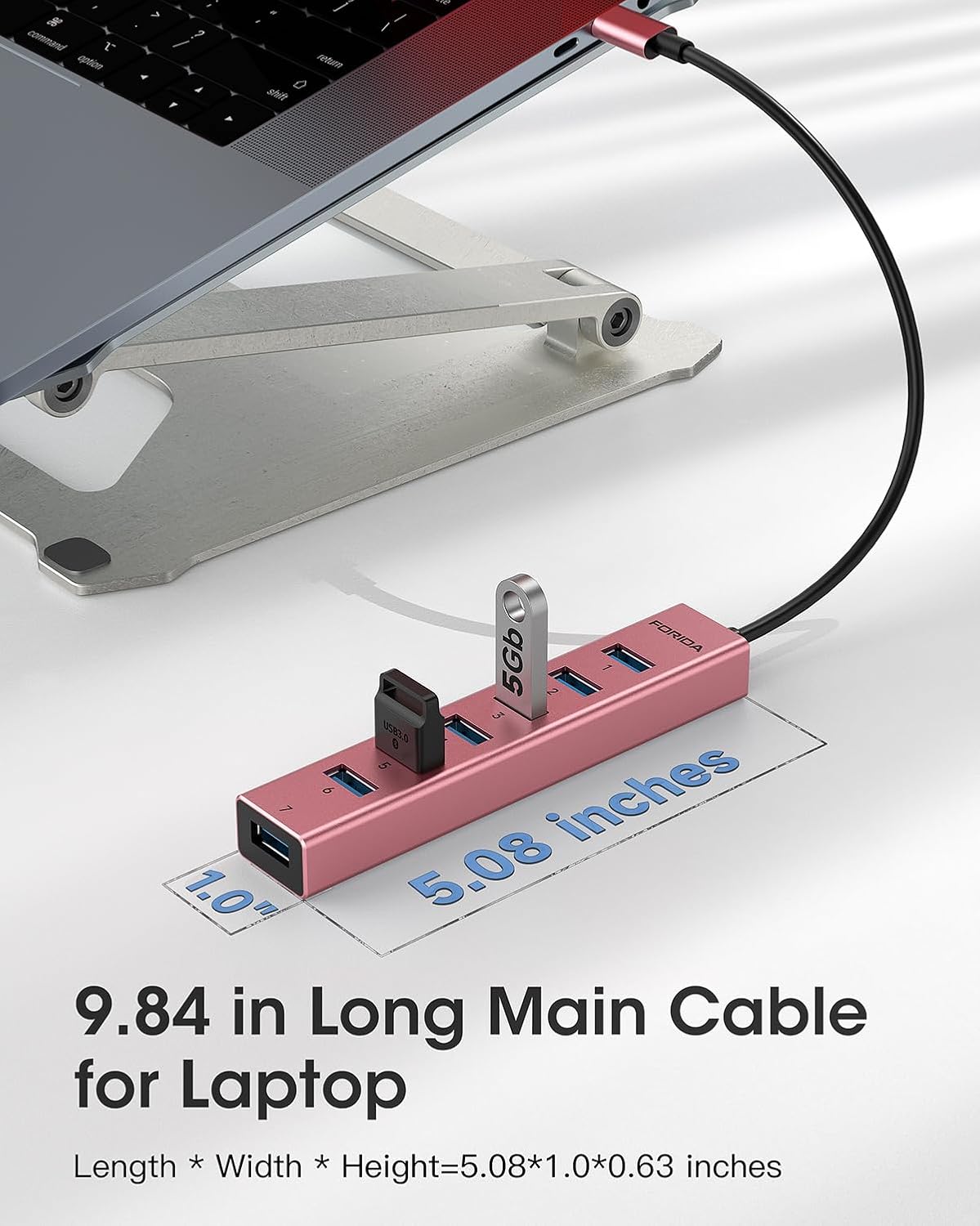 FORIDA USB C Hub-8 Port USB HUB with 7 USB3.0 Data Ports,Aluminum Alloy USBC Splitter with Type C 5V/3A Power Port Compatible with MacBook,iPad,Surface Pro,Laptop,PC (Rose Gold,USB C-9.8in)