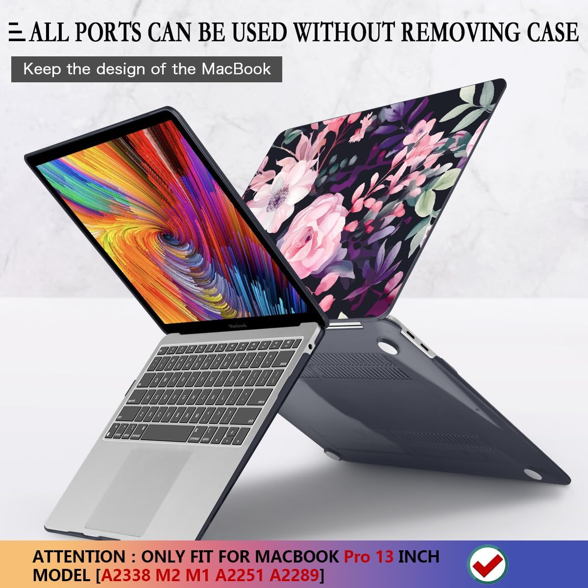 CISSOOK Compatible with MacBook Pro 13 inch Case M2 M1 2025-2016 Release Model A2338 A2251 A2289 A2159 A1989 A1706, Flower Plastic Hard Shell Case Black Cover for MacBook Pro 13 - Pink Flowers