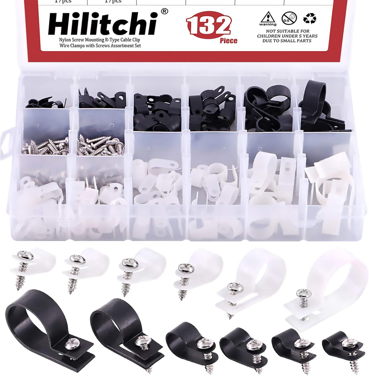 Hilitchi 132 Pcs 6 Sizes Black and White Plastic Cable Clamp R Type Screw Mounting Cord Fastener Cable Clips Assortment Kit with Screws for Wire Management Cable Conduit (Clips from 6mm to 23mm)