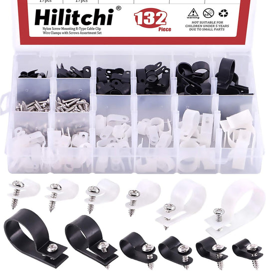 Hilitchi 132 Pcs 6 Sizes Black and White Plastic Cable Clamp R Type Screw Mounting Cord Fastener Cable Clips Assortment Kit with Screws for Wire Management Cable Conduit (Clips from 6mm to 23mm)