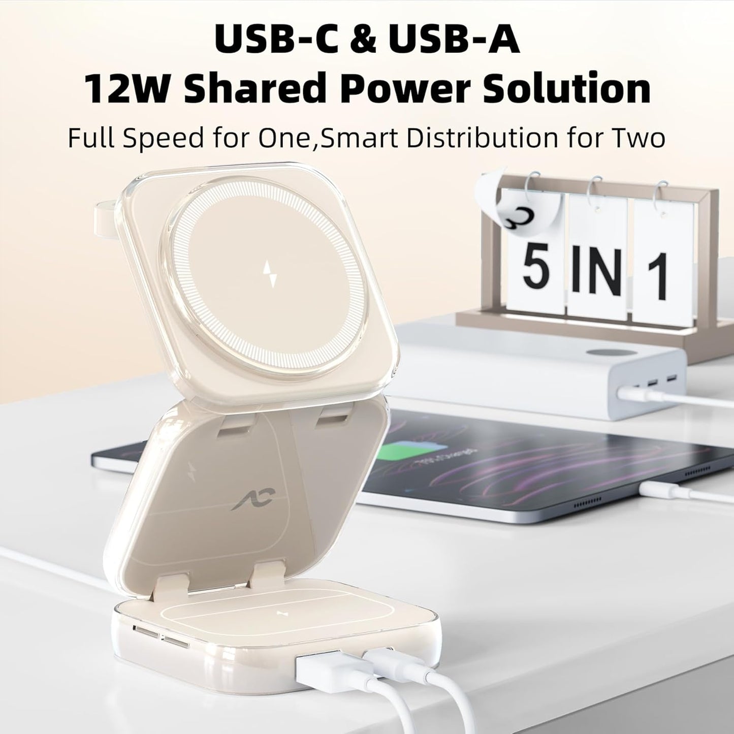 5-in-1 Wireless Charger for MagSafe, AC ISLAND Portable Travel Charging Station, 15W Max Fast Foldable Magnetic Stand, Evolved for iPhone 16/15/14/13 Series, Apple Watch, AirPods (with 35W Adapter)