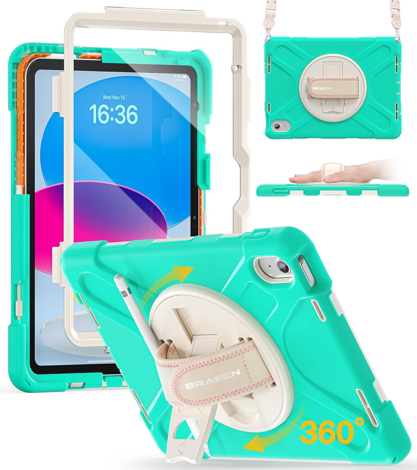 BRAECN for iPad (A16) 11th/10th Generation case 11/10.9 inch 2025/2022 Heavy Duty Shockproof Protective with Pencil Holder Screen Protector 360°Rotating Stand Handle & Shoulder Strap Full Body Cover