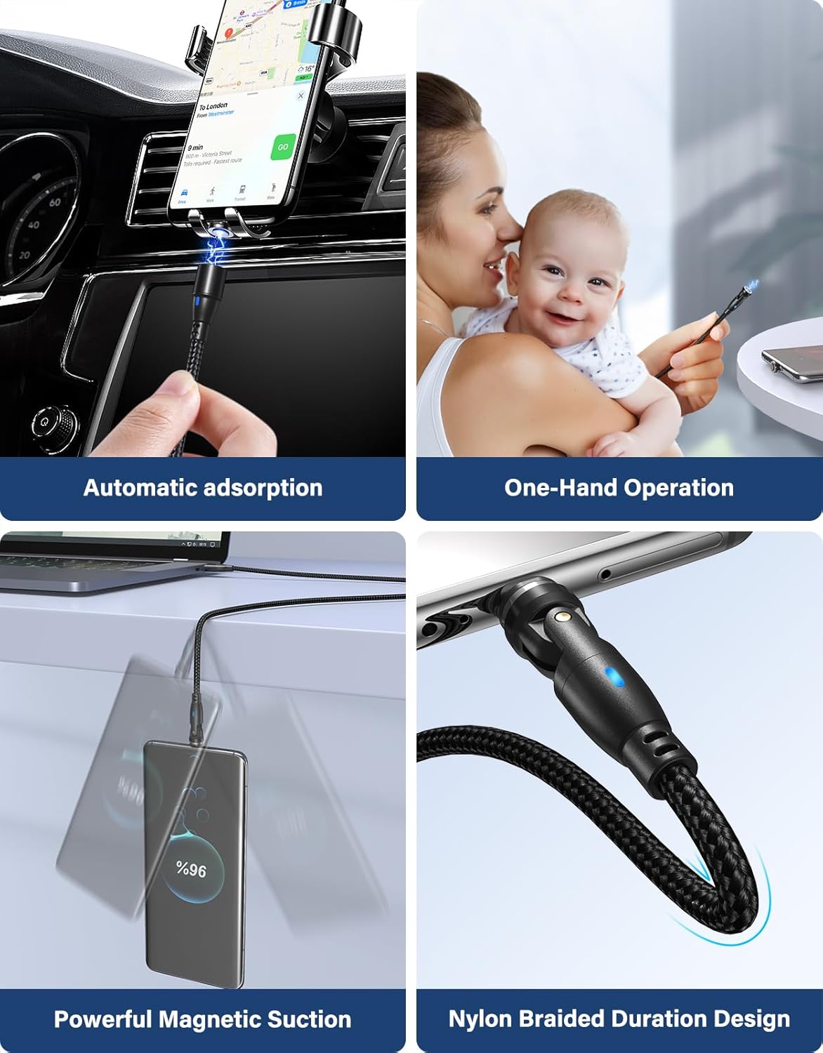 A.S Magnetic Charging Cable[4PACK, 3.3/3.3/6.6/6.6ft]-3 in 1 Magnetic Phone Charger Data Transfer Cord-Magnet USB C Charging Cable-Magnet Charger Cable for Micro USB/TypeC/i-Product Nylon Braided