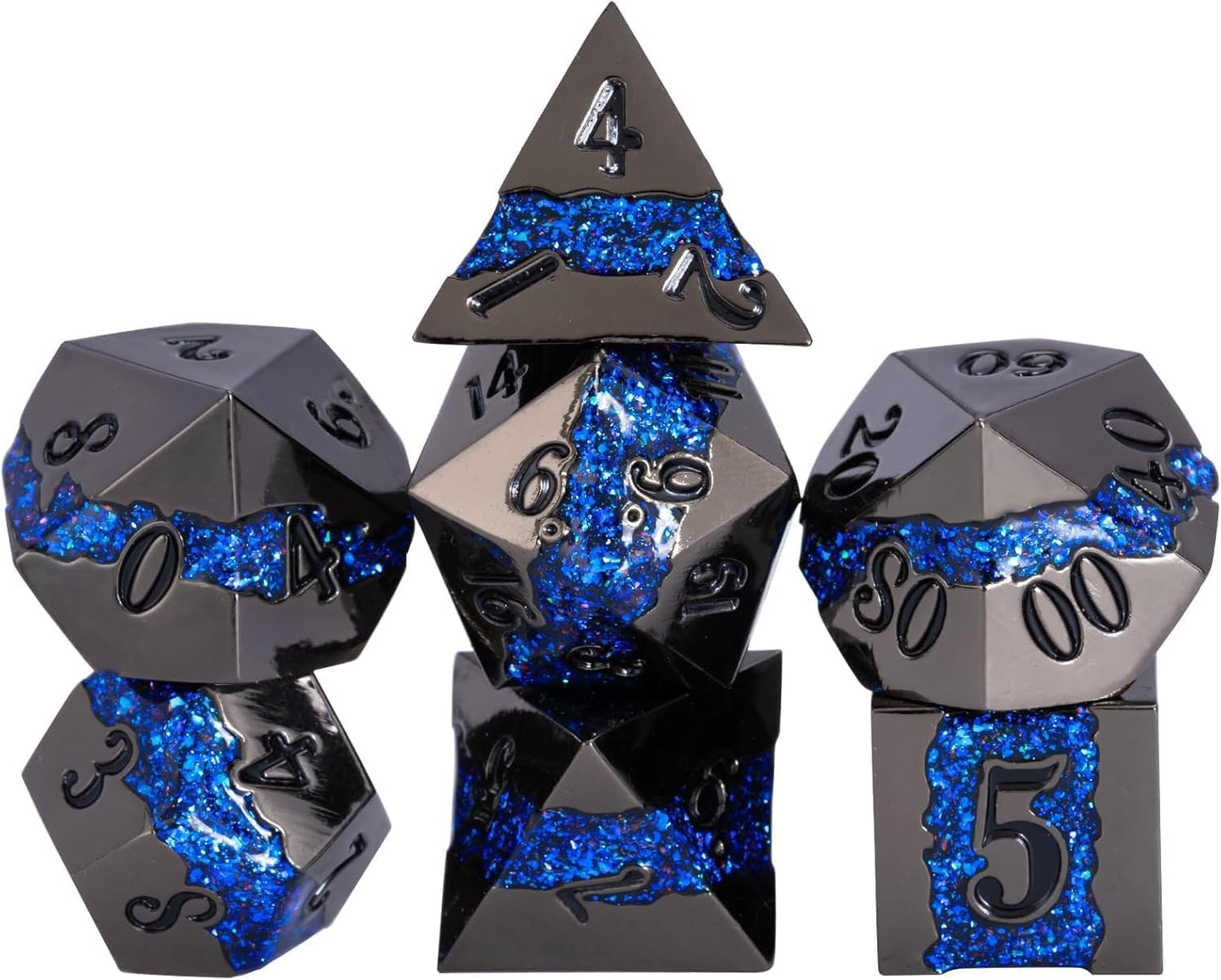 D&D Dice Set Metal,Large Striped Glitter Dice Set.RPG Polyhedral Dice 7pcs Set(Antique Nickel Dark Blue)