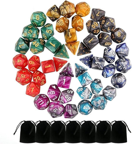 7 Sets (49PCS) Polyhedral Dice Set for Dungeons & Dragons/RPG, Complete D&D/DND Dice Sets (D20, D12, D8, D6, D4 & 2×D10 [0-9 & 00-90]) with 7 Pouches