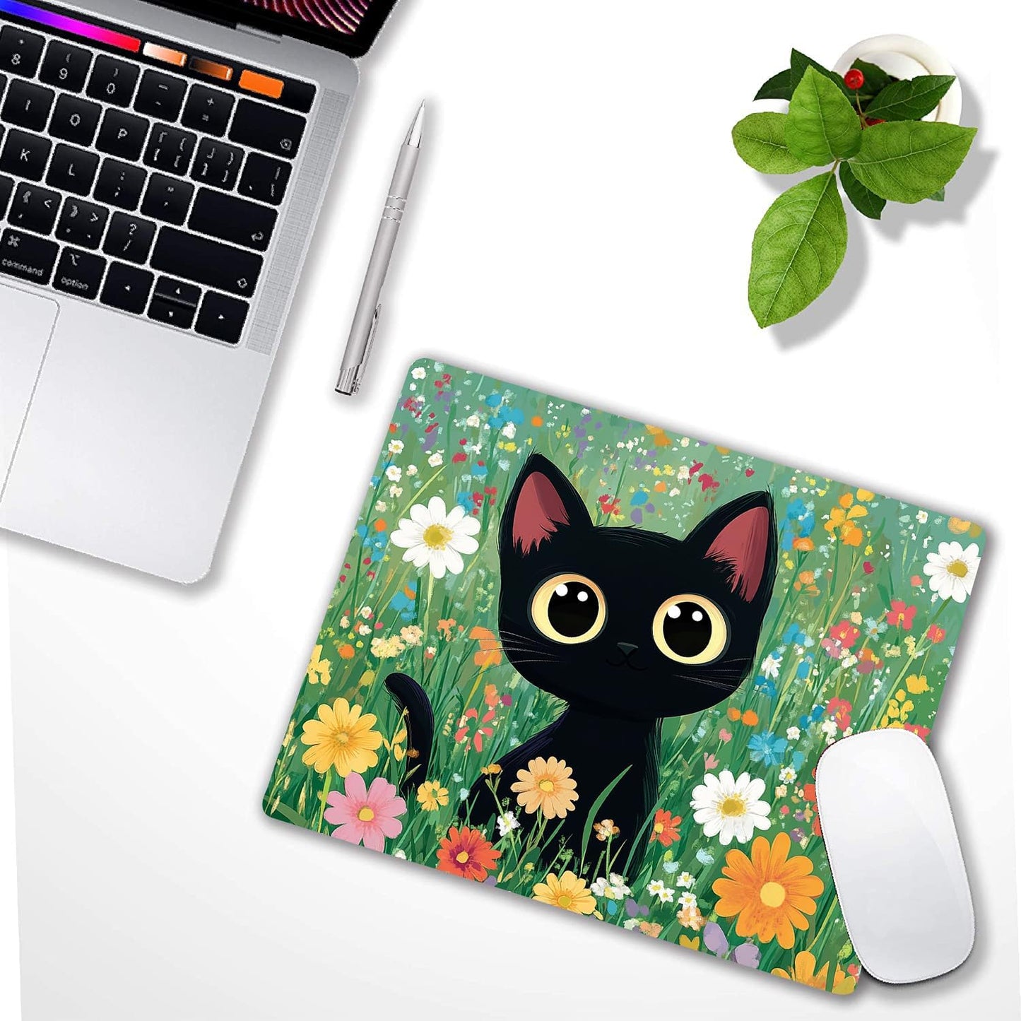Cute Black Cat Floral Custom Mouse Pad with Non-Slip Rubber, Small Square Design for Wireless Laptop & Computer Mouse Pads for Desk, 9.5 x 7.9 inch Smooth Surface for Gaming & Office