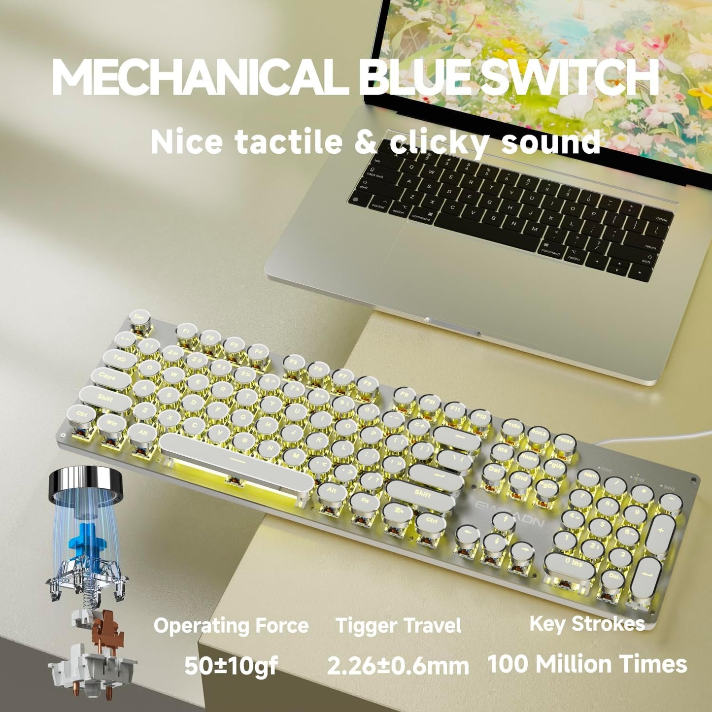 EWEADN TK100 Typewriter Style Wired Mechanical Keyboard, 104 Keys Aesthetic Typewriter Keyboard with Yellow Backlit, Anti-Ghosting, Blue Switch Cool Keyboards-White