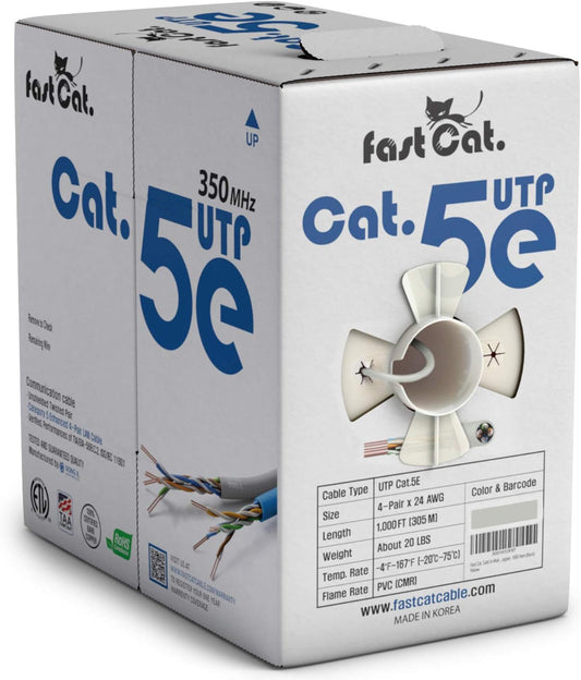 fast Cat. Cat5e Ethernet Cable 1000ft - 24 AWG, CMR, Insulated Bare Copper Wire Cat 5 ethernet Cable with FastReel - 350MHZ / Gigabit Speed UTP Cable Cat5e - CMR (White)