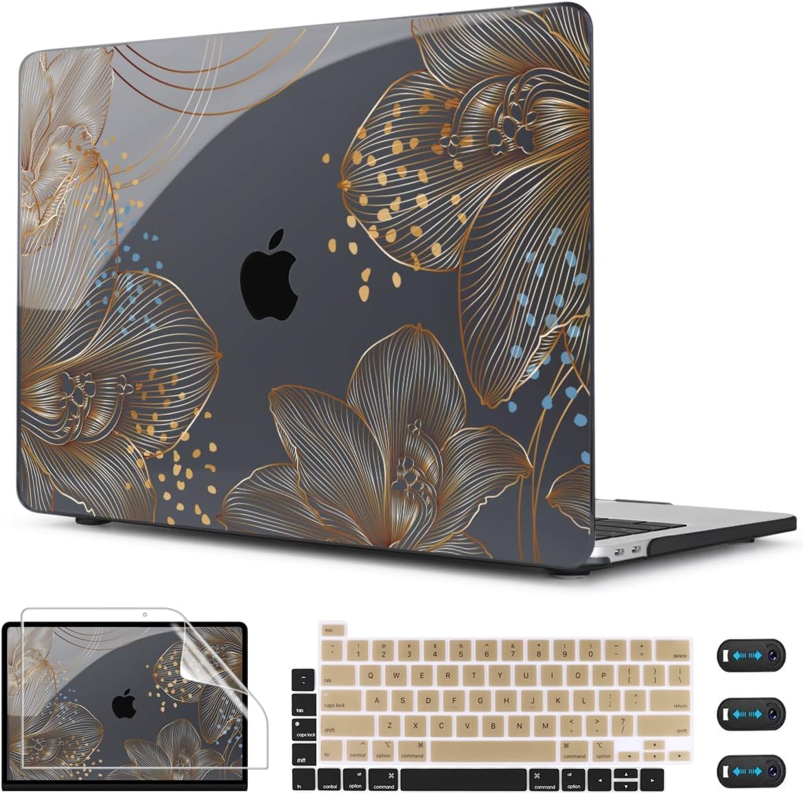 CISSOOK for MacBook Pro 13 inch Case 2025-2020 Release Model A2338 M1 M2 A2289 A2251 with Touch Bar, Plastic Hard Shell Case & Keyboard Cover & Screen Protector for Pro 13, Gorgeous Gold Floral