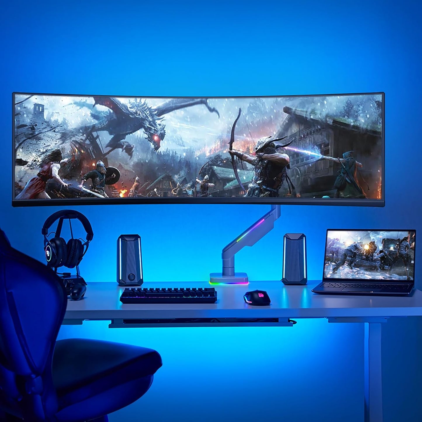 AVLT RGB Lights Single 17”-49” Gaming Monitor Arm Desk Mount, Fits One Flat/Curved/Ultrawide Screen up to 44lbs(20kg), Height Swivel Tilt Adjustable Stand - White