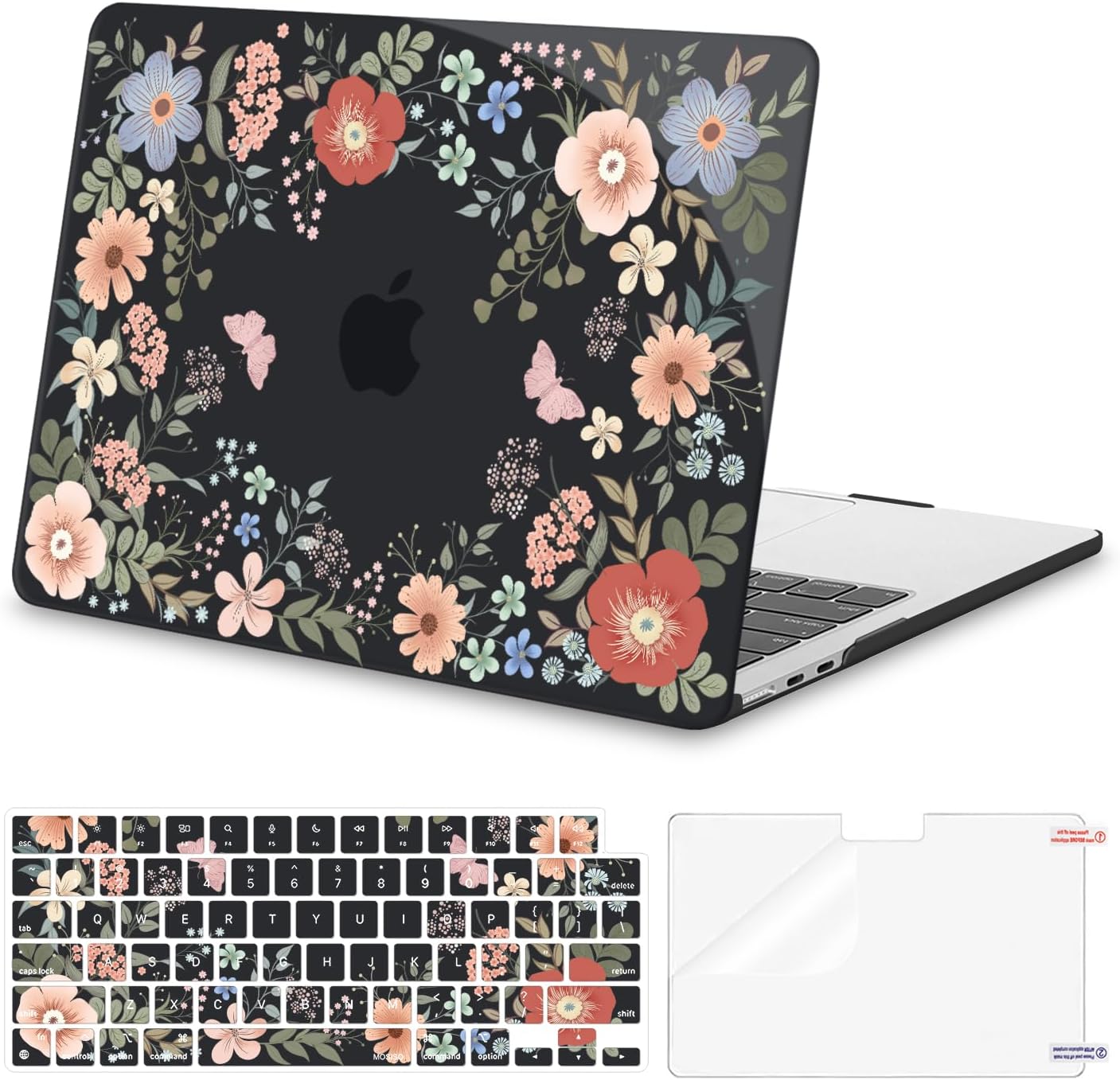 MOSISO Compatible with MacBook Air 13 inch Case 2025 2024 2023 2022 M4 A3240 M3 A3113 M2 A2681, Lush Floral Hard Shell&Keyboard Cover&Screen Protector for MacBook Air 13.6 inch Case, Black