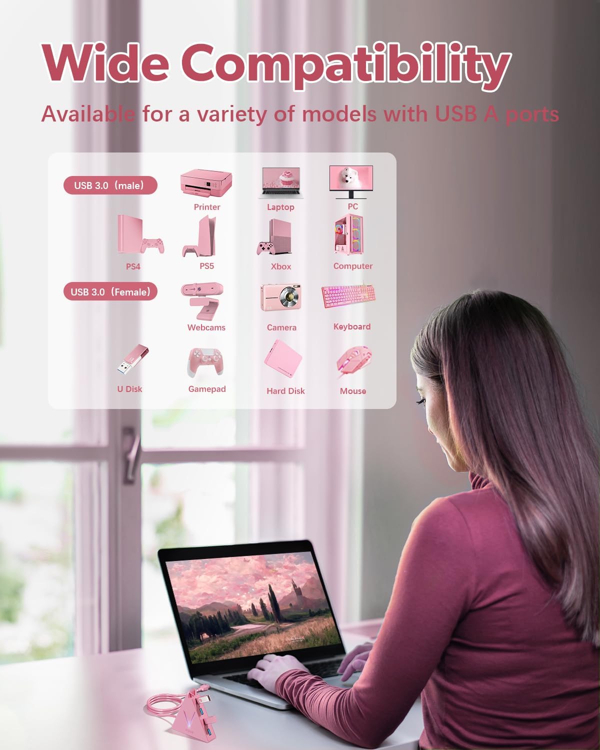 4-Port USB 3.0 Hub, FlyingVHUB Vertical Data USB Hub with 2 ft Extended Cable, for Mac, PC, Xbox One, PS4, PS5, iMac, Surface Pro, XPS, Laptop, Desktop, Flash Drive, Mobile HDD(Pink)