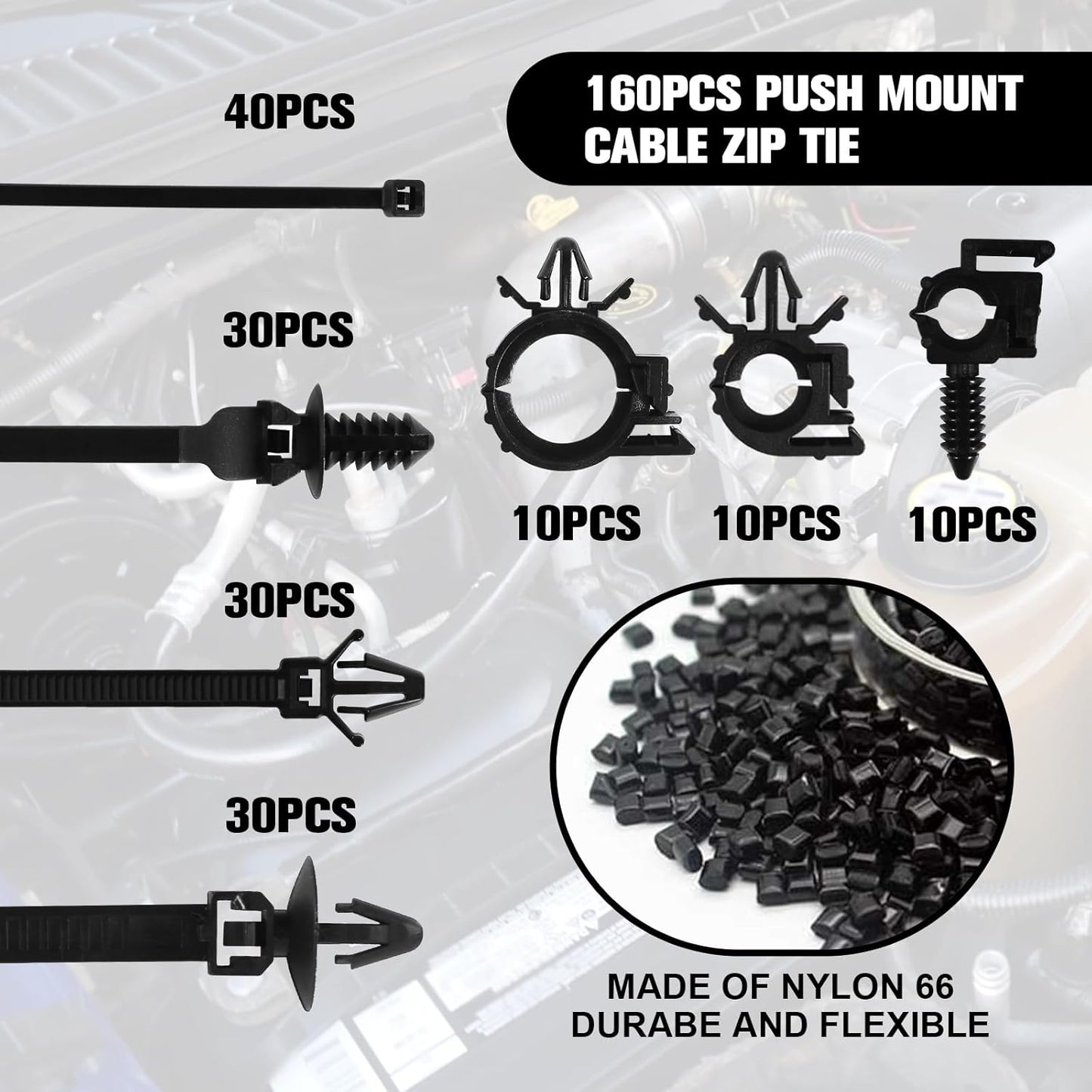 160 Pcs Push Mount Cable Zip Tie, Car Wire Loom Routing Clips 7 Different Sizes Quickly Mount Cable Ties Fixed Wire Harness for Jeep Wrangler Trucks Universal Automotive Clips