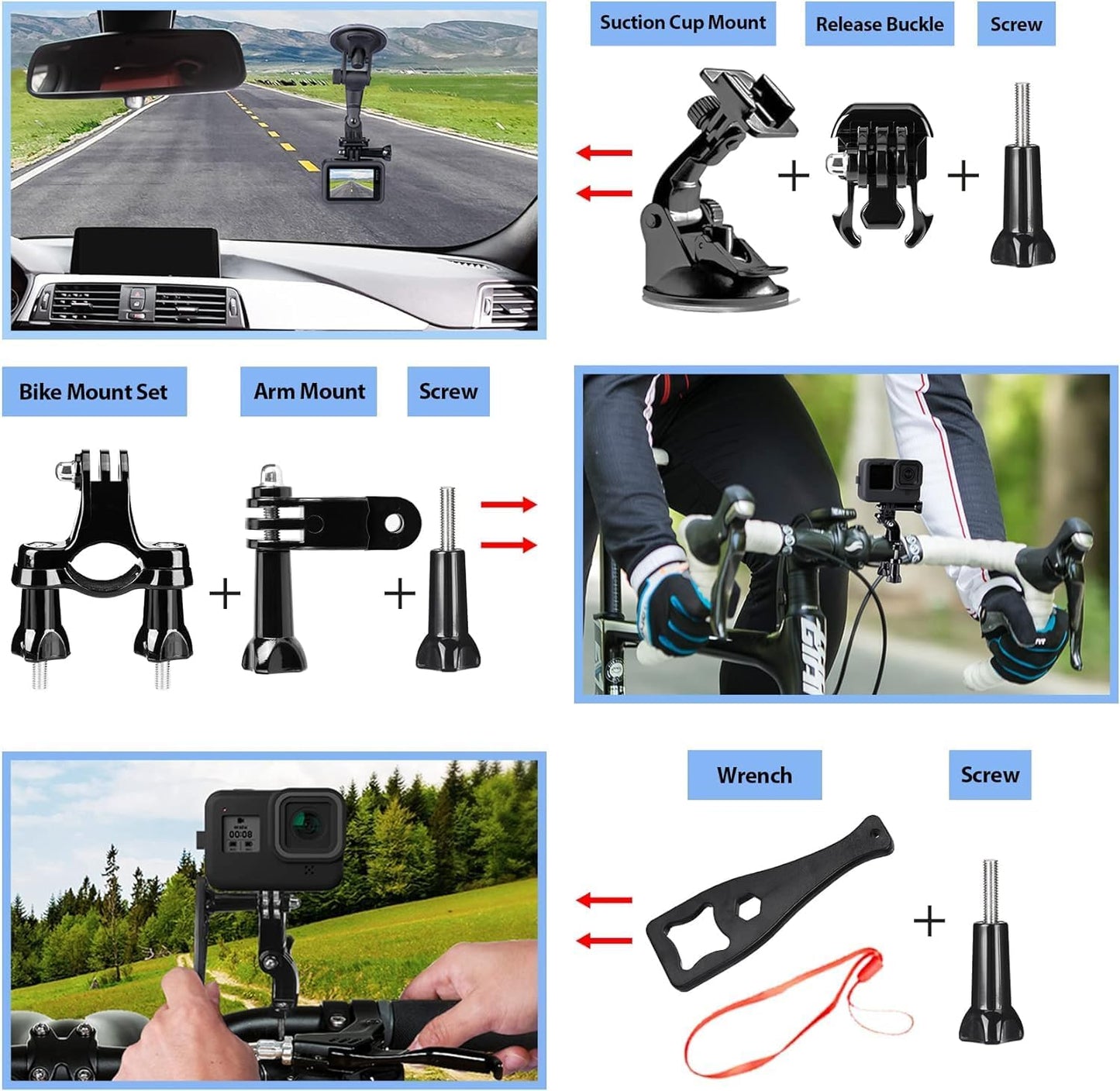 HONGDAK Action Camera Accessories Kit for GoPro Hero 13 12 11 10 9 Black, Waterproof Housing+Silicone Case+ Adjustable Arm+Head Chest Wrist Strap+Bike Mount+Suction Cup+Floating Grip Bundle Set 63in1